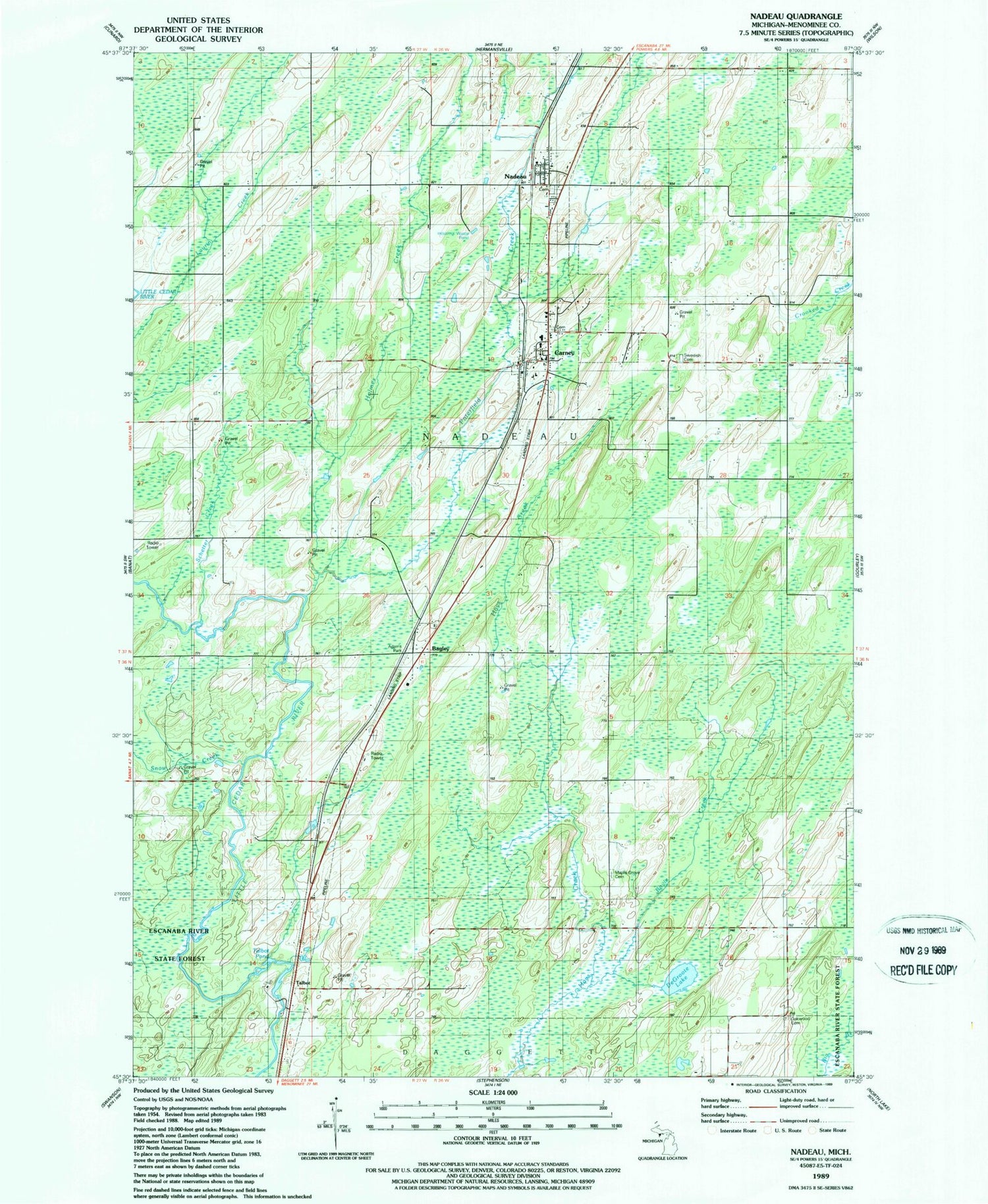 Classic USGS Nadeau Michigan 7.5'x7.5' Topo Map Image