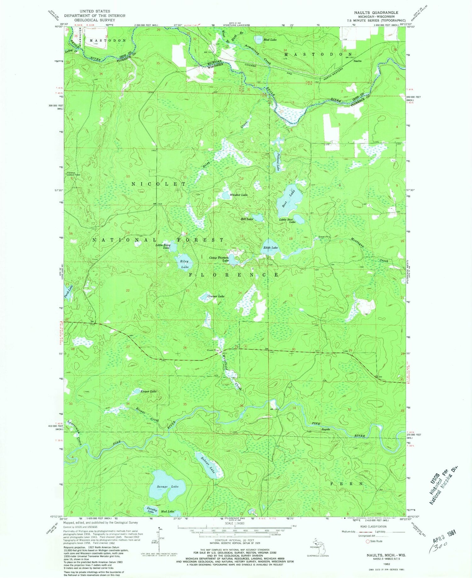 Classic USGS Naults Michigan 7.5'x7.5' Topo Map Image