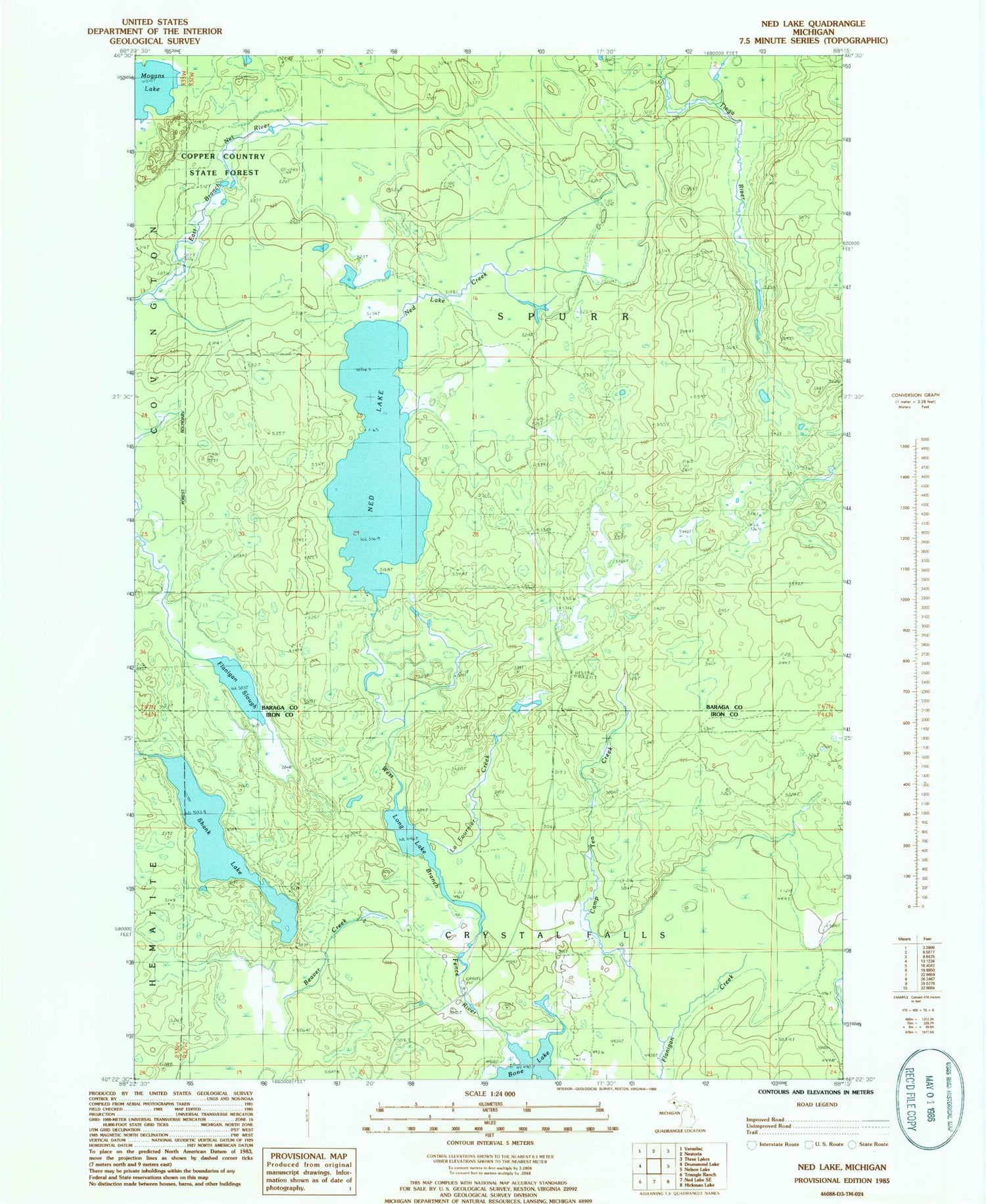 Classic USGS Ned Lake Michigan 7.5'x7.5' Topo Map Image