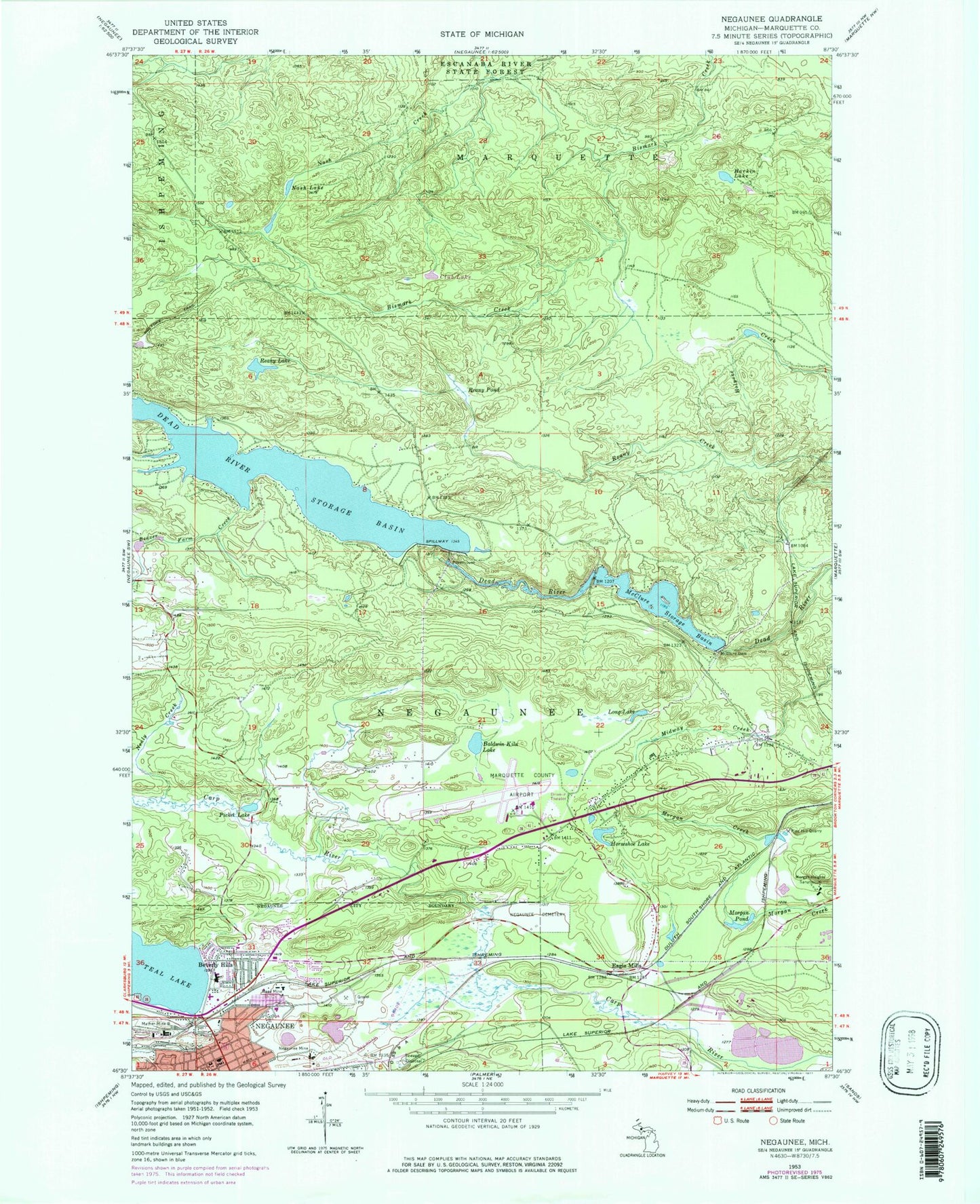 Classic USGS Negaunee Michigan 7.5'x7.5' Topo Map Image