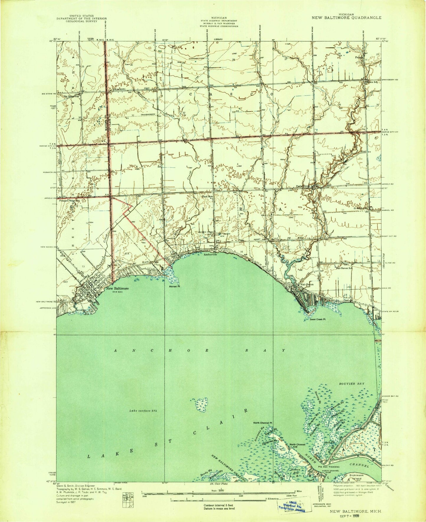 Classic USGS New Baltimore Michigan 7.5'x7.5' Topo Map Image