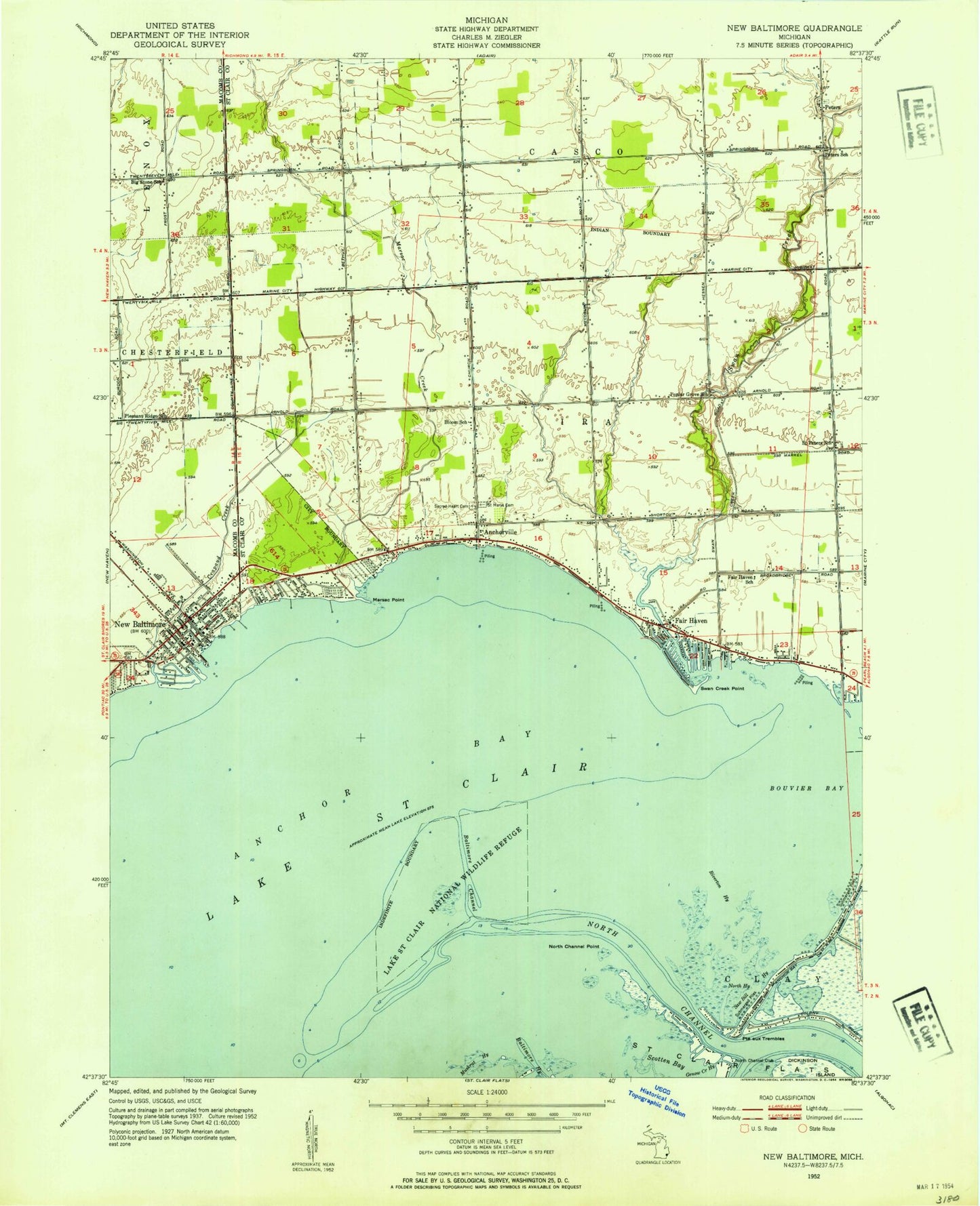Classic USGS New Baltimore Michigan 7.5'x7.5' Topo Map Image