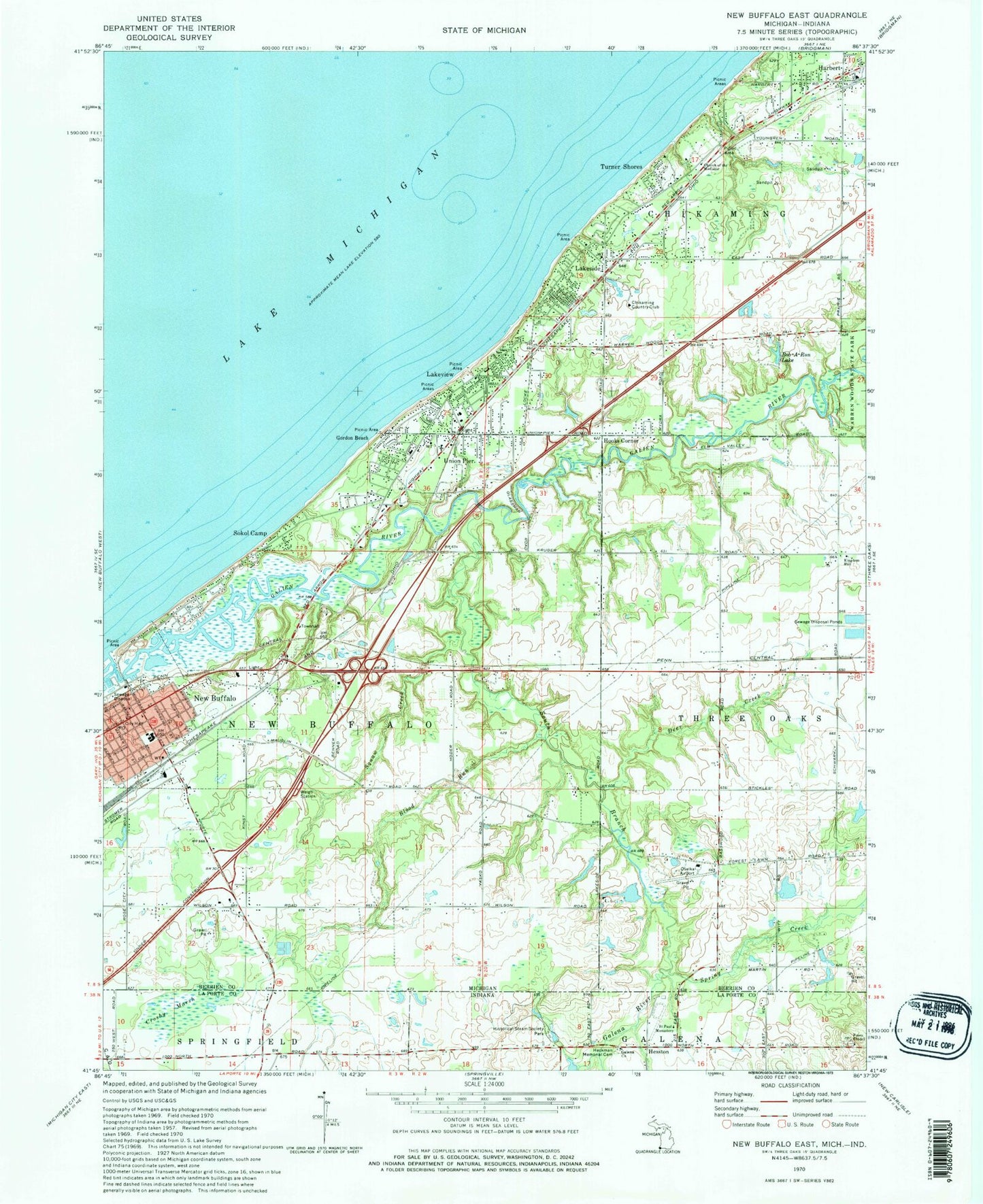 Classic USGS New Buffalo East Michigan 7.5'x7.5' Topo Map Image