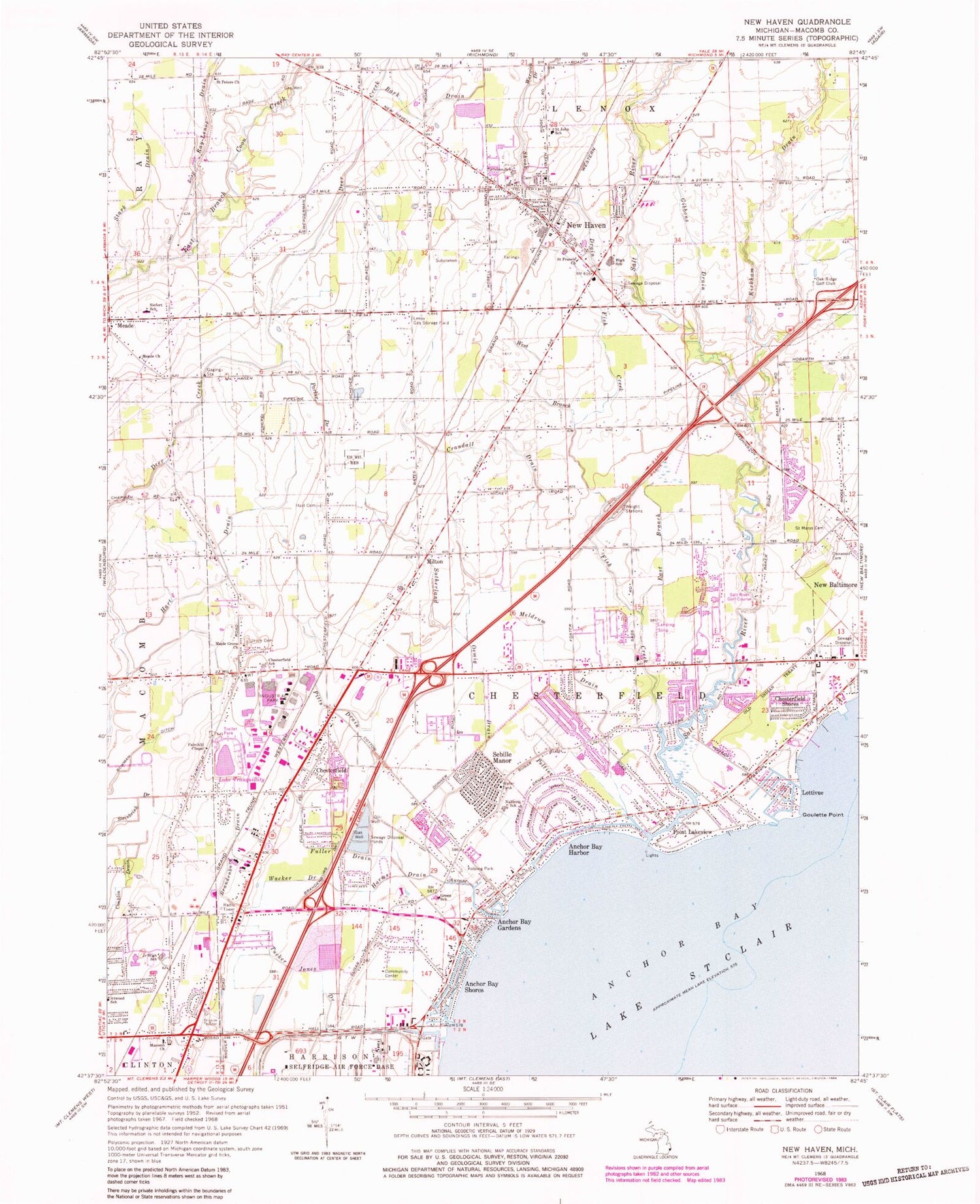 Classic USGS New Haven Michigan 7.5'x7.5' Topo Map Image