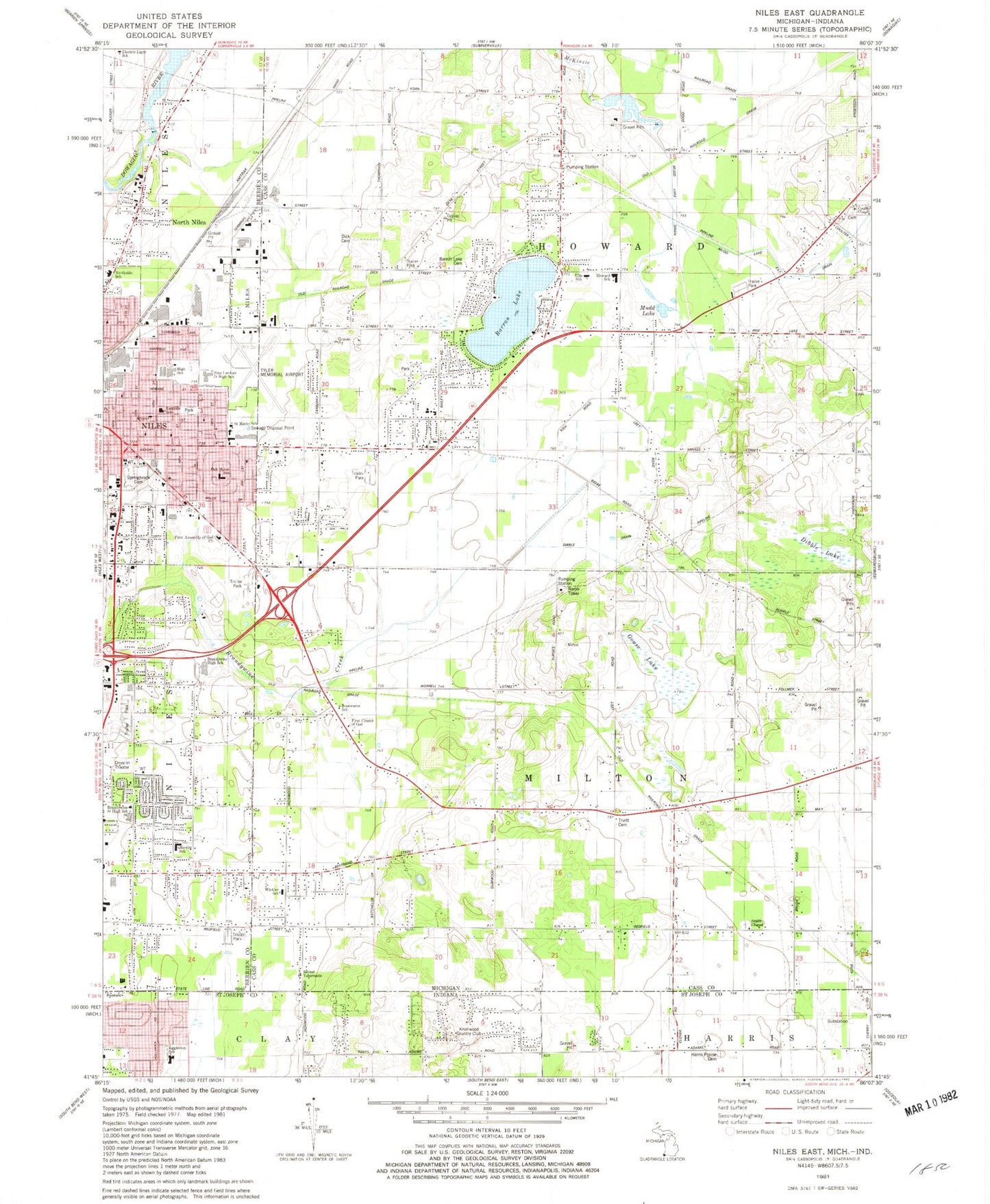 Classic USGS Niles East Michigan 7.5'x7.5' Topo Map Image