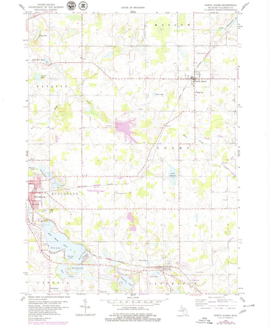 Classic USGS North Adams Michigan 7.5'x7.5' Topo Map Image