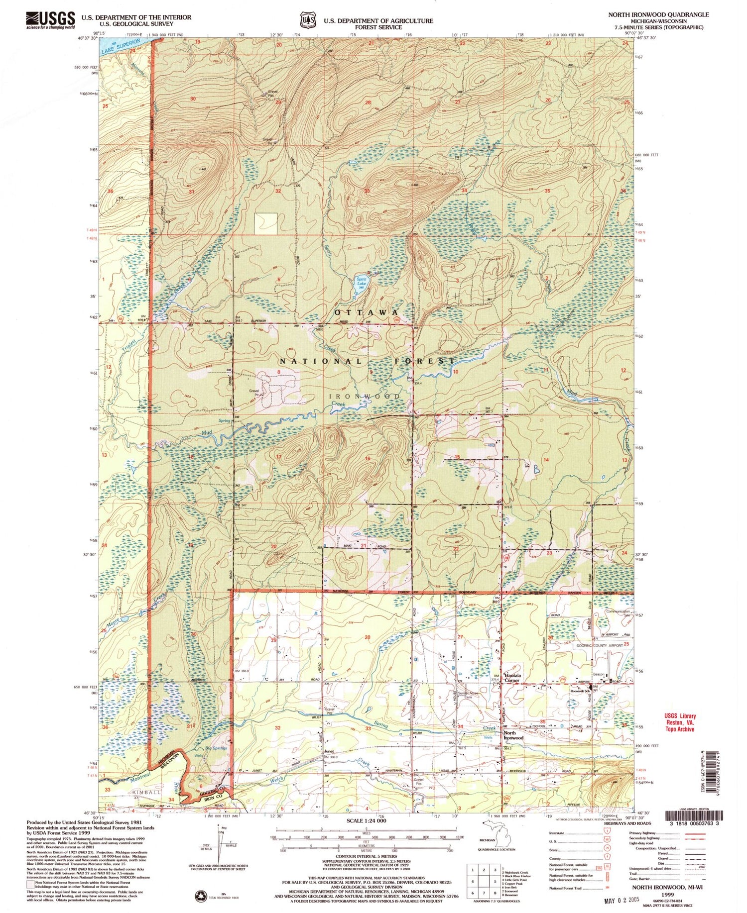 Classic USGS North Ironwood Michigan 7.5'x7.5' Topo Map Image