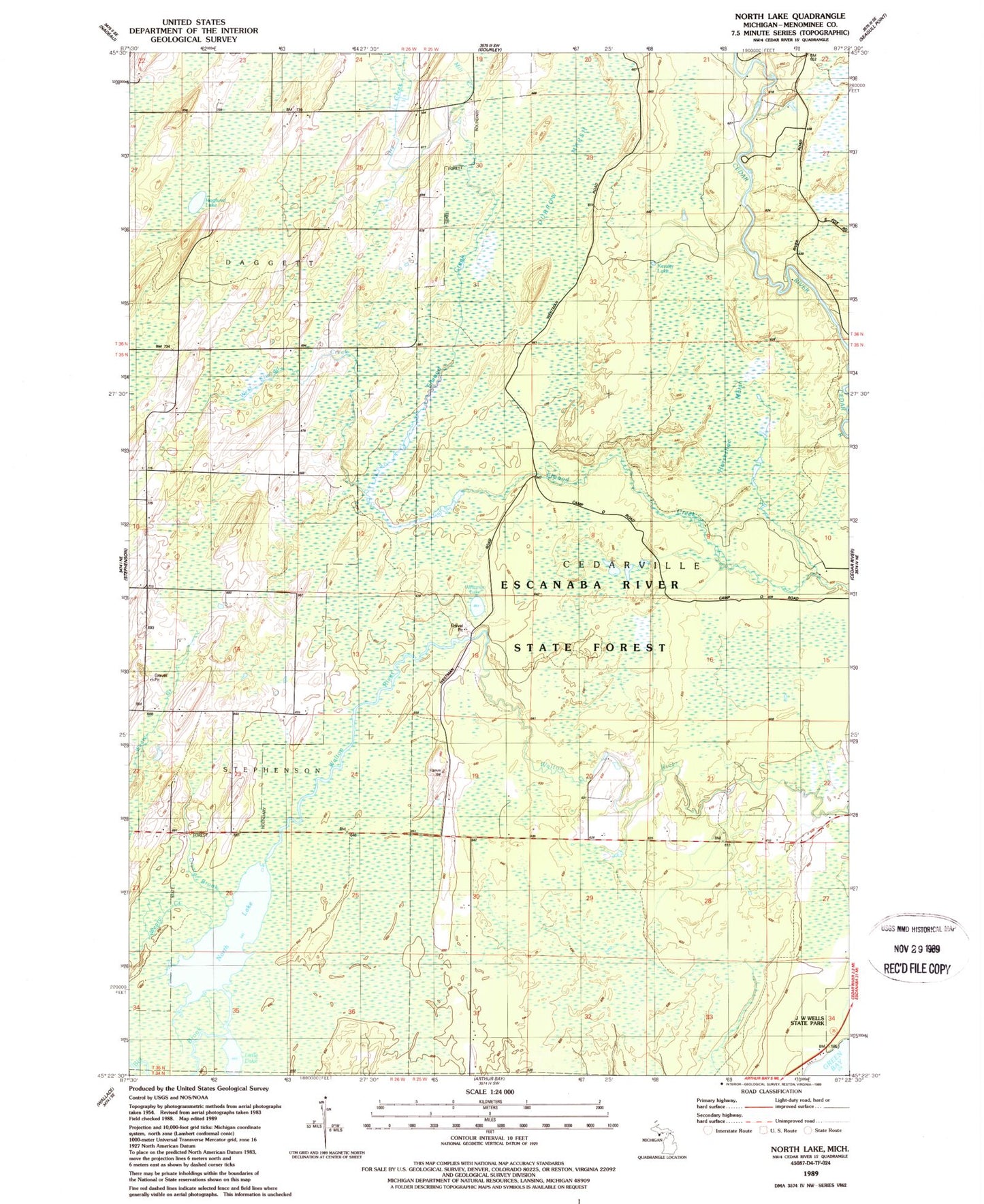 Classic USGS North Lake Michigan 7.5'x7.5' Topo Map Image