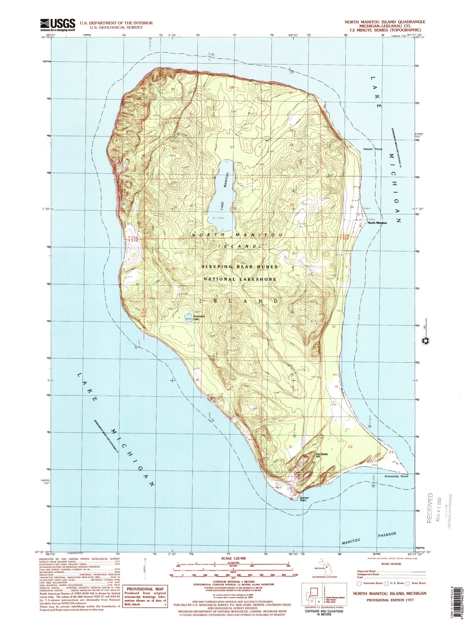 USGS Classic North Manitou Island Michigan 7.5'x7.5' Topo Map Image
