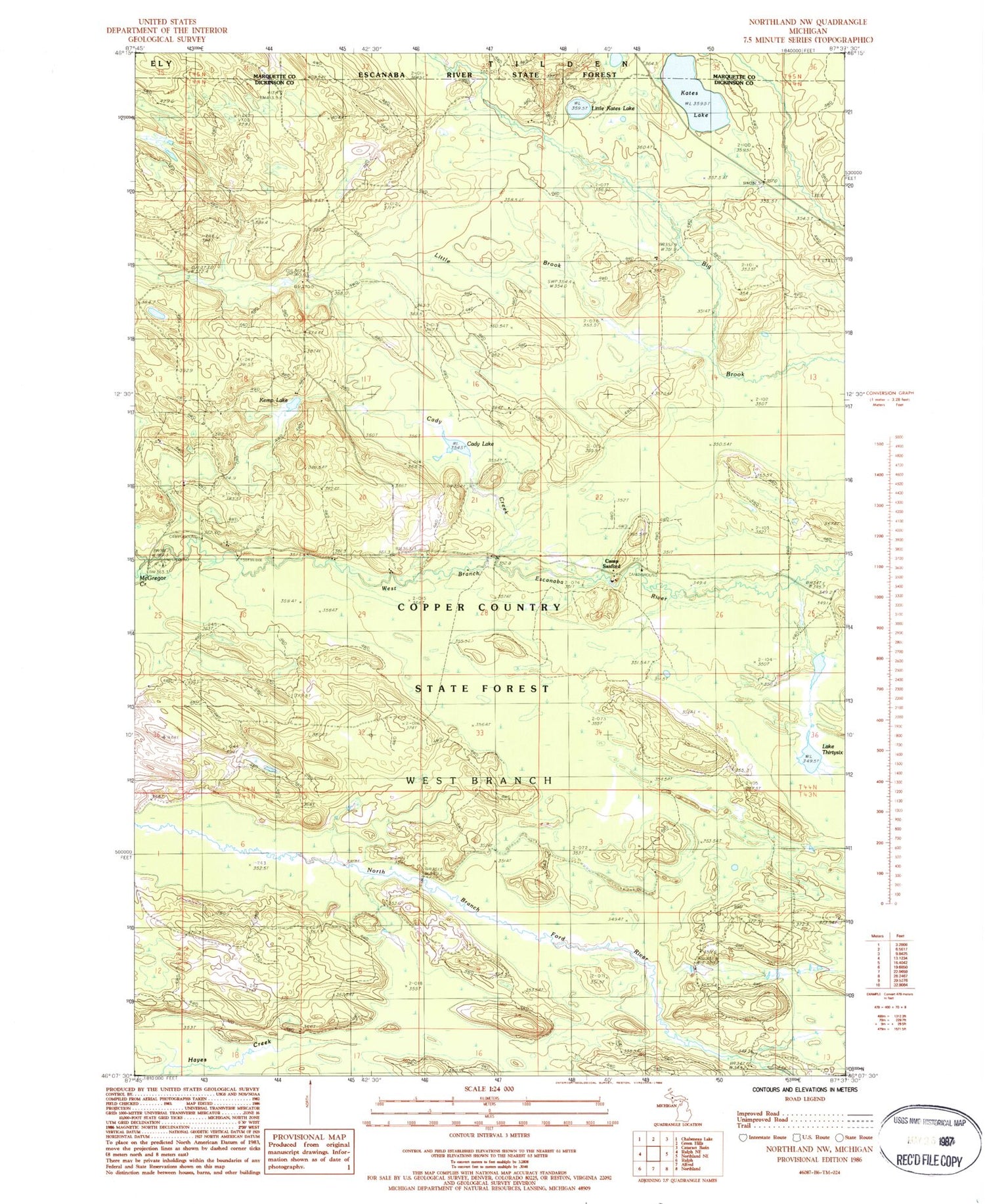 Classic USGS Northland NW Michigan 7.5'x7.5' Topo Map Image
