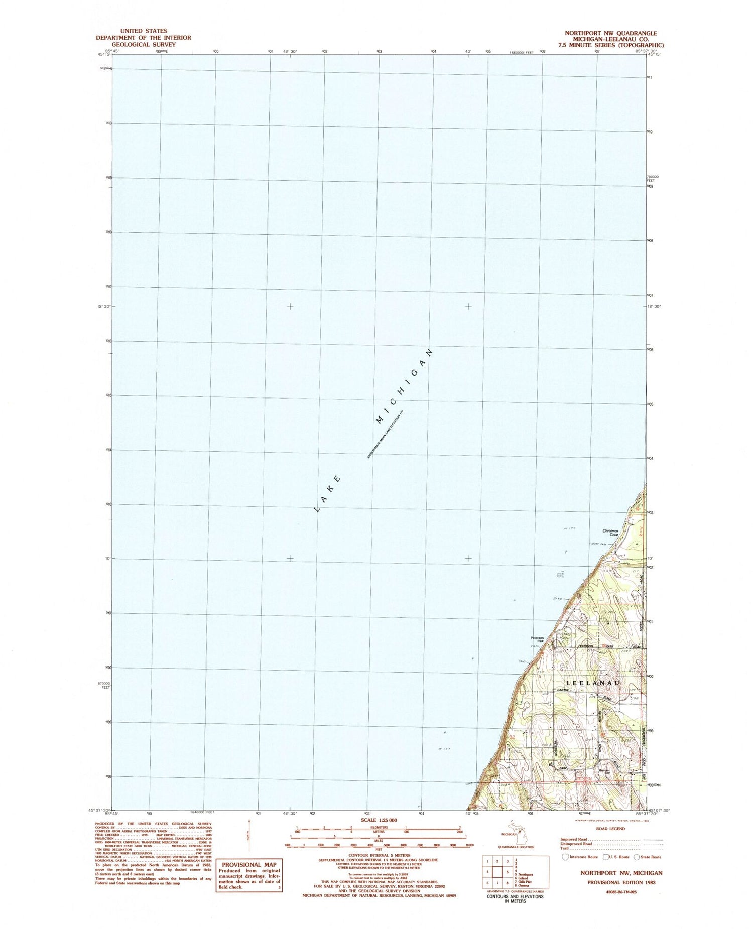 Classic USGS Northport NW Michigan 7.5'x7.5' Topo Map Image