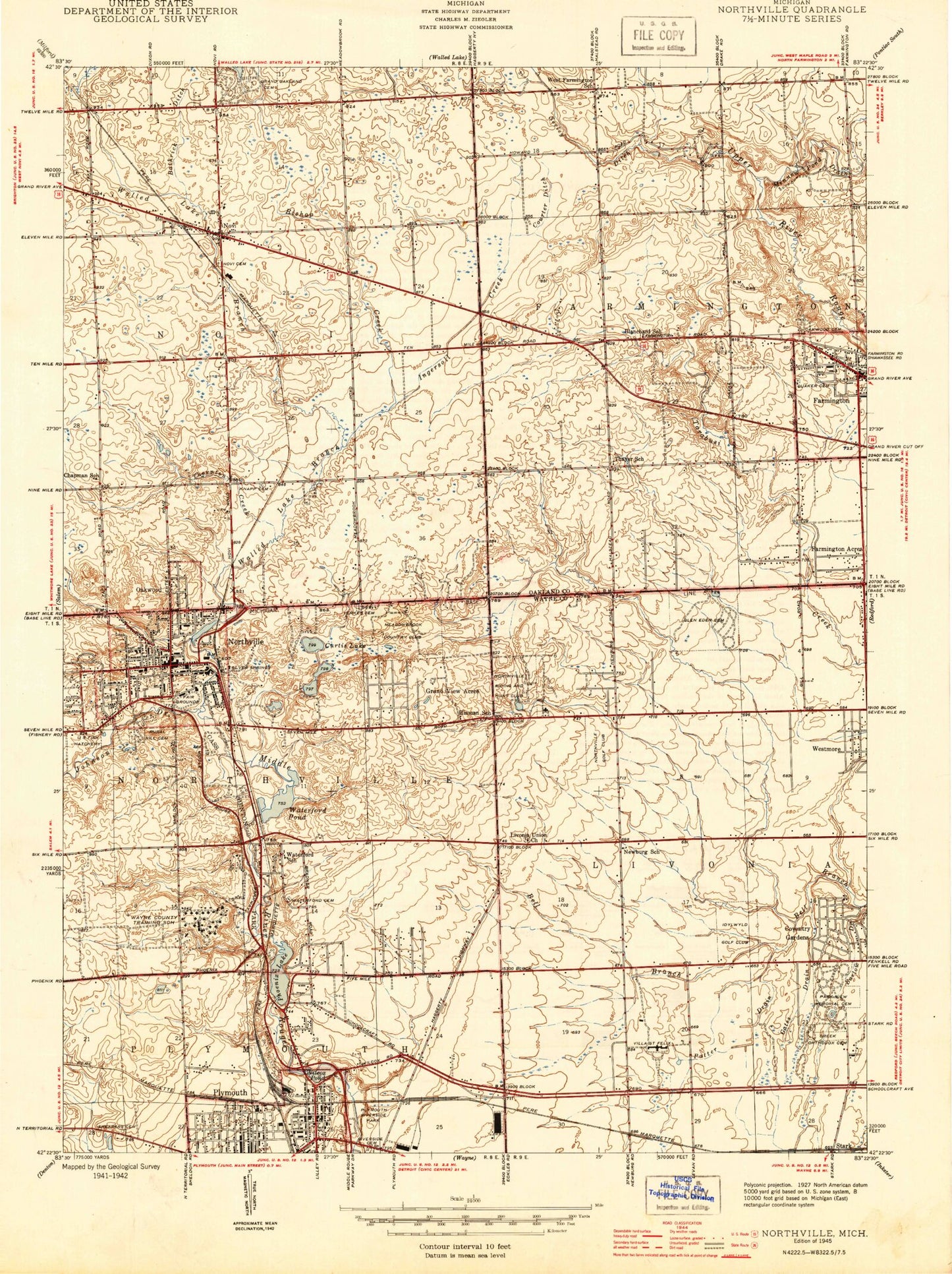 Classic USGS Northville Michigan 7.5'x7.5' Topo Map Image