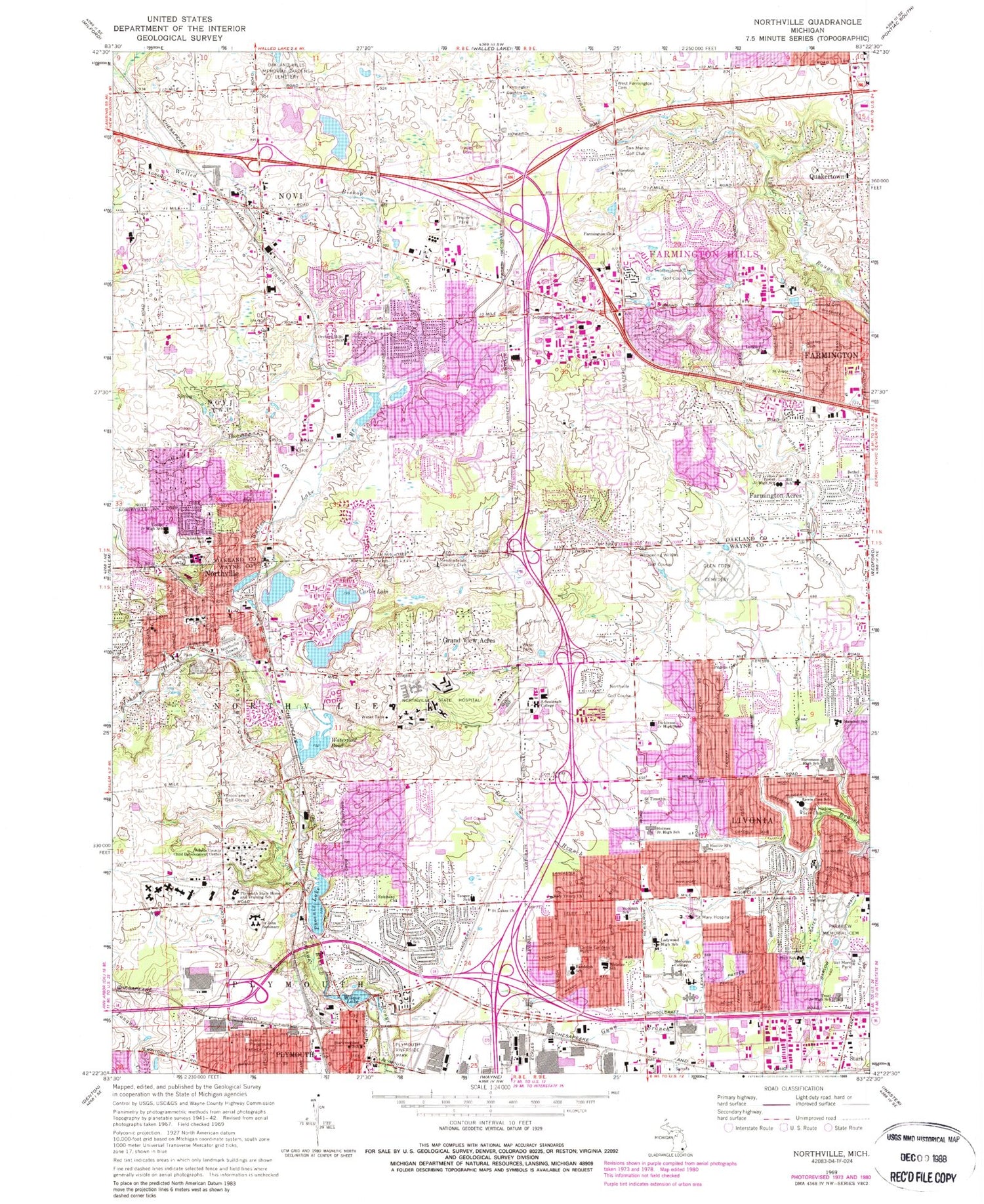 Classic USGS Northville Michigan 7.5'x7.5' Topo Map Image