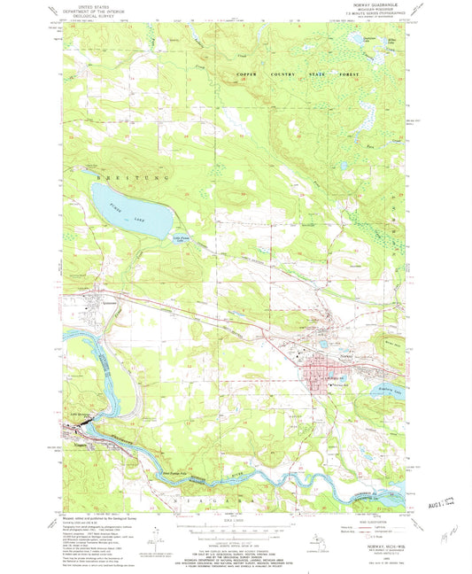 Classic USGS Norway Michigan 7.5'x7.5' Topo Map Image