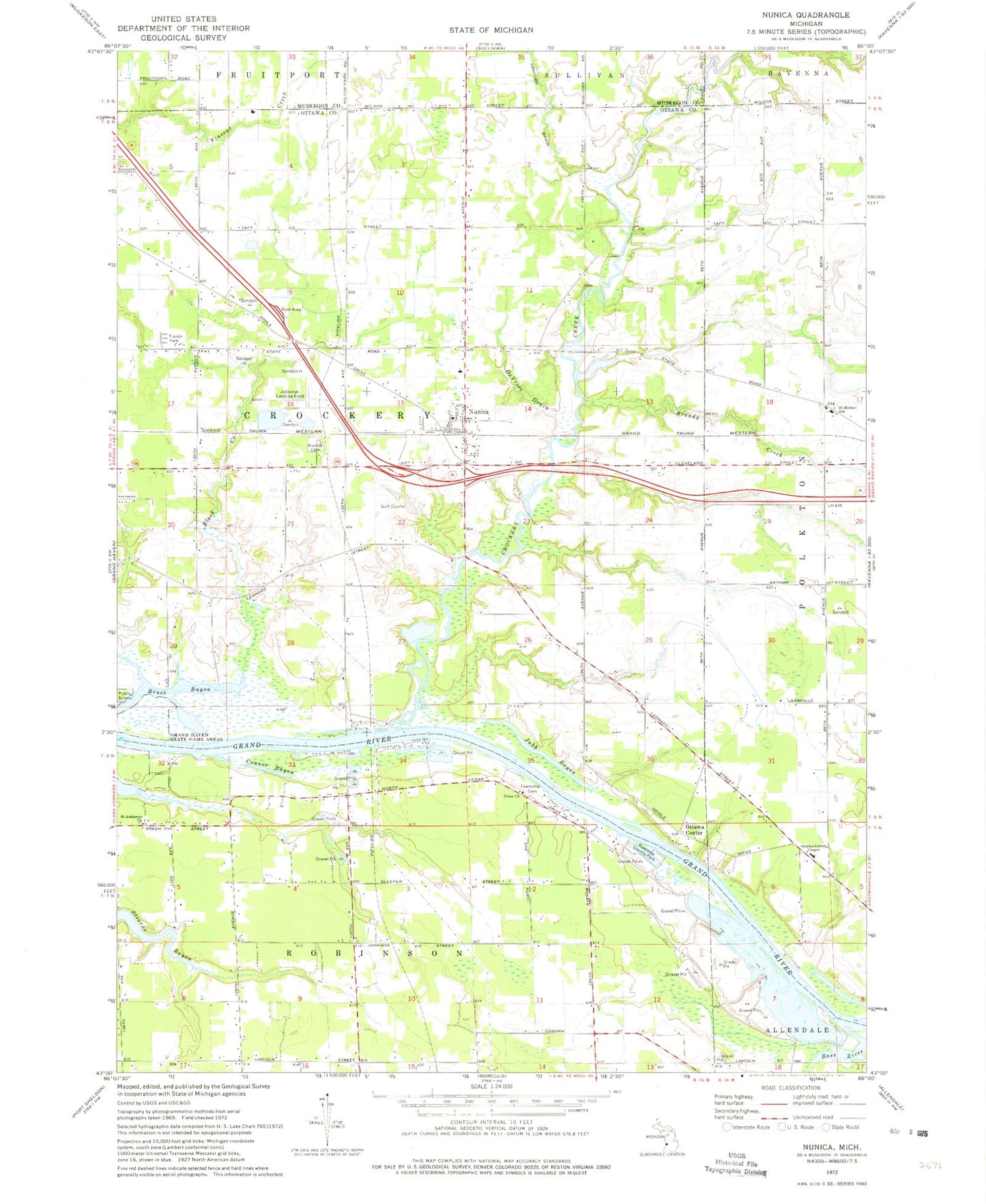 Classic USGS Nunica Michigan 7.5'x7.5' Topo Map Image