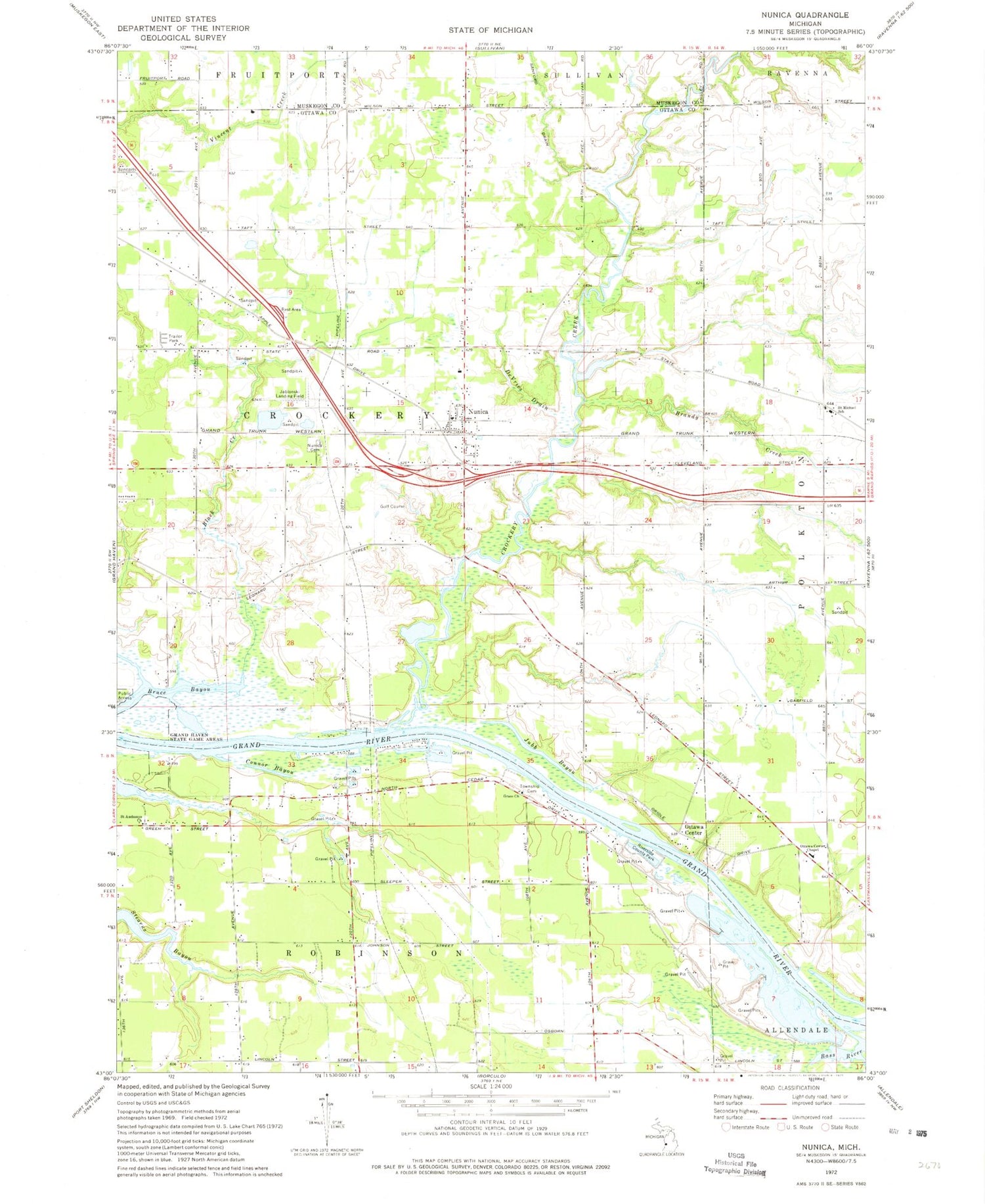 Classic USGS Nunica Michigan 7.5'x7.5' Topo Map Image