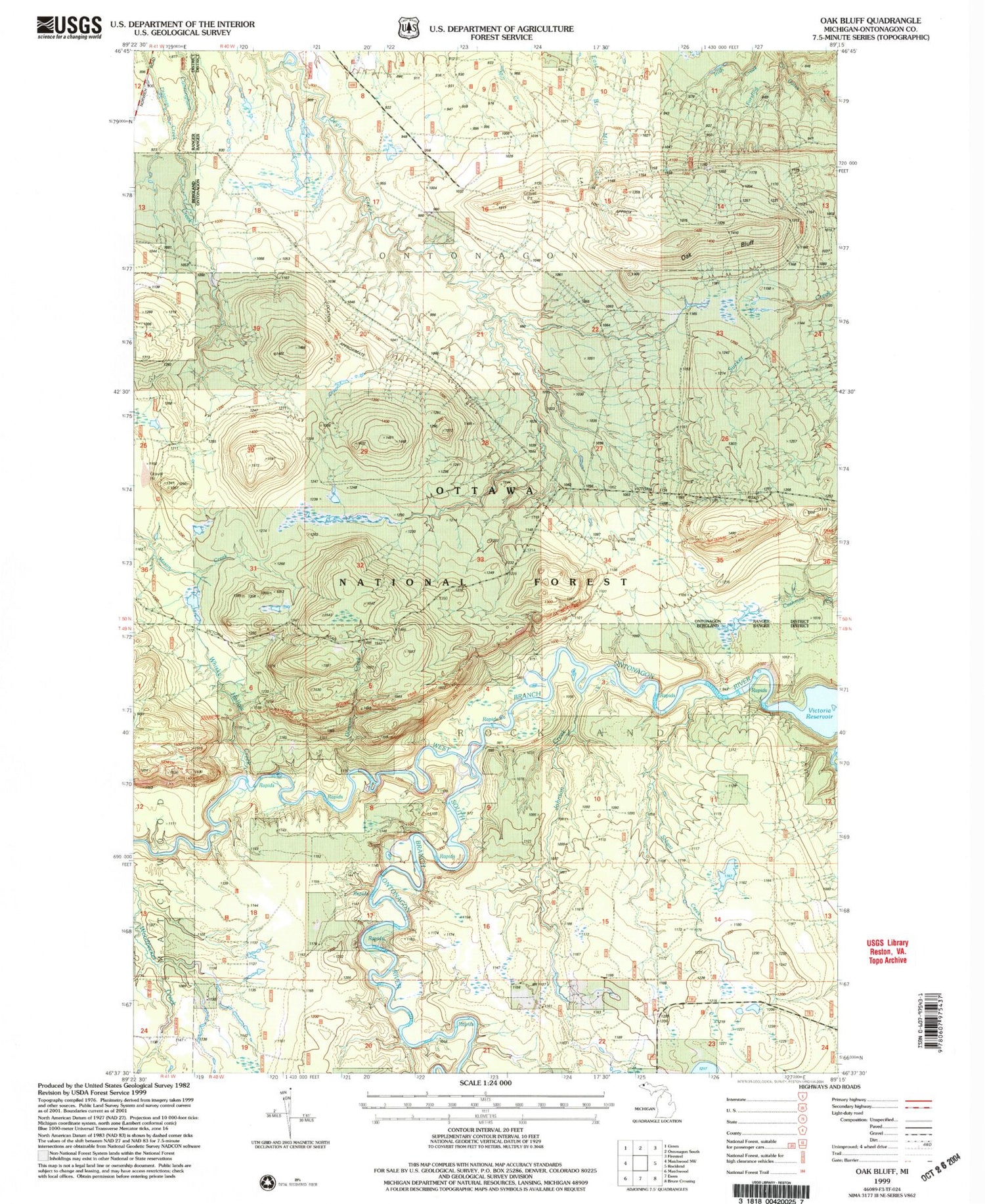 Classic USGS Oak Bluff Michigan 7.5'x7.5' Topo Map Image