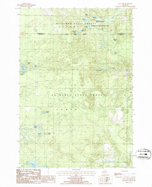 Classic USGS Oak Lake Michigan 7.5'x7.5' Topo Map Image