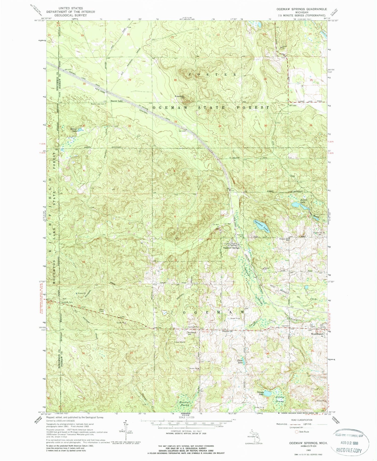 Classic USGS Ogemaw Springs Michigan 7.5'x7.5' Topo Map Image