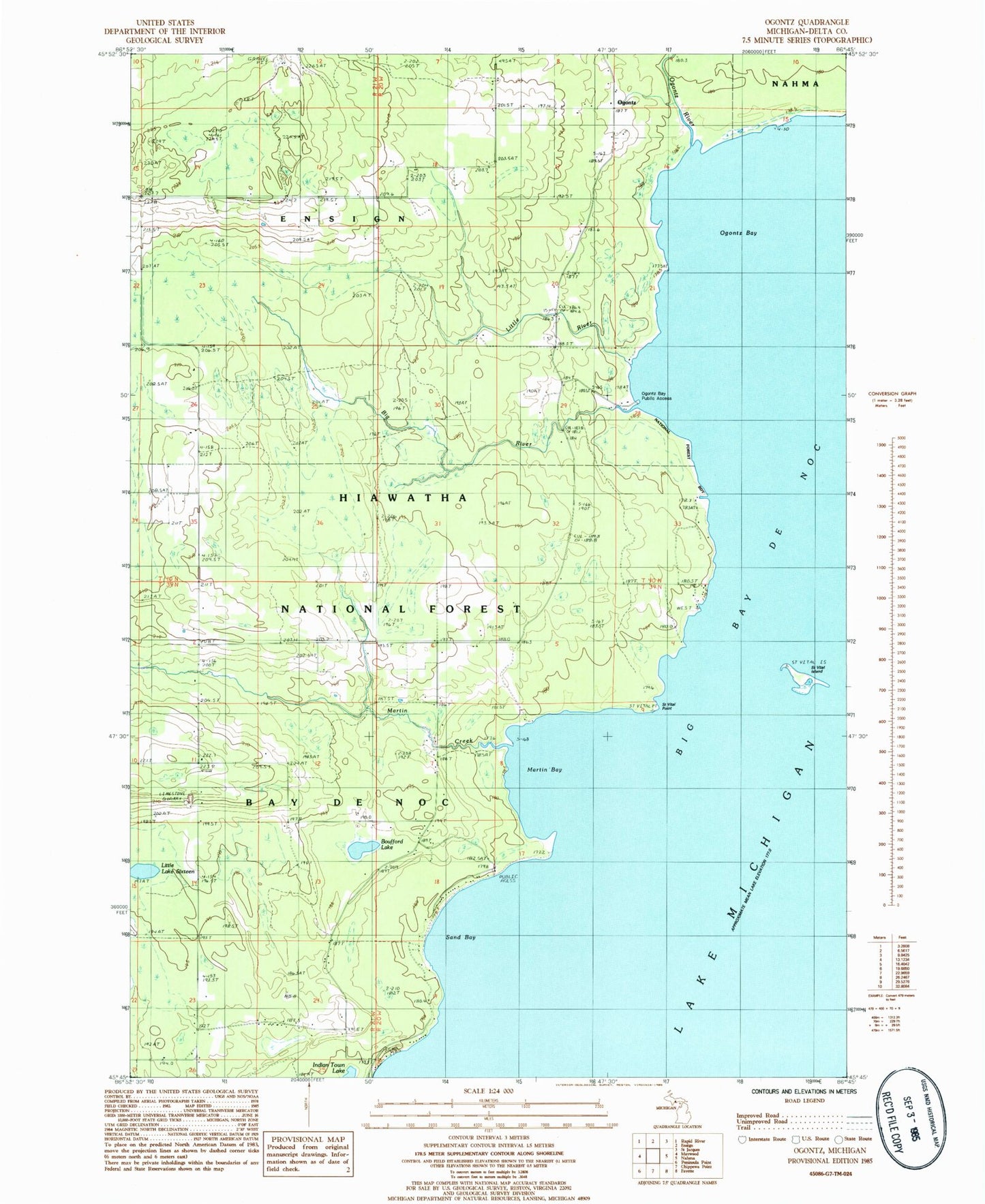 Classic USGS Ogontz Michigan 7.5'x7.5' Topo Map Image