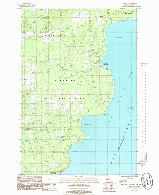 Classic USGS Ogontz Michigan 7.5'x7.5' Topo Map Image