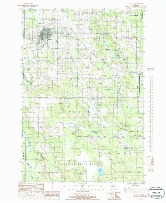Classic USGS Onaway Michigan 7.5'x7.5' Topo Map Image