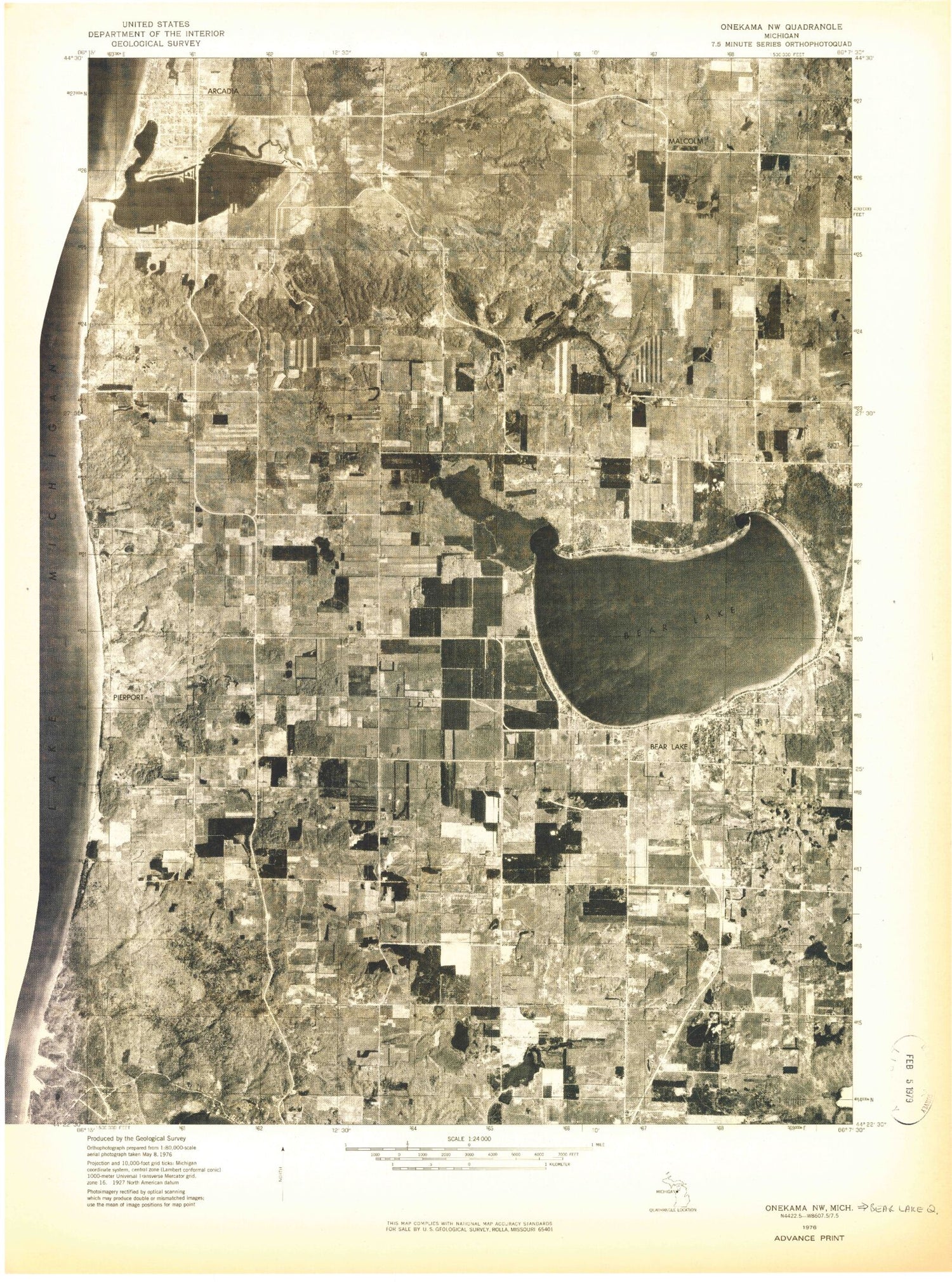 Classic USGS Bear Lake Michigan 7.5'x7.5' Topo Map Image
