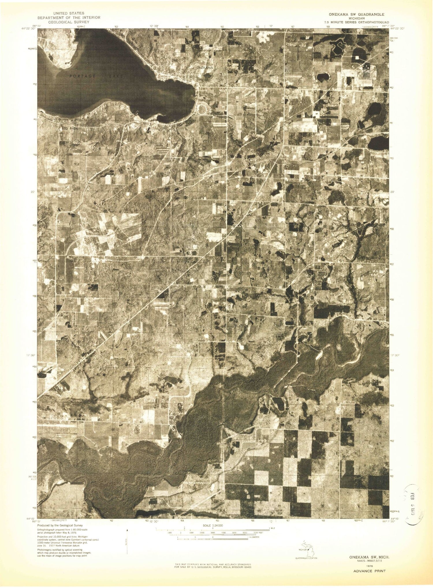 Classic USGS Onekama Michigan 7.5'x7.5' Topo Map Image