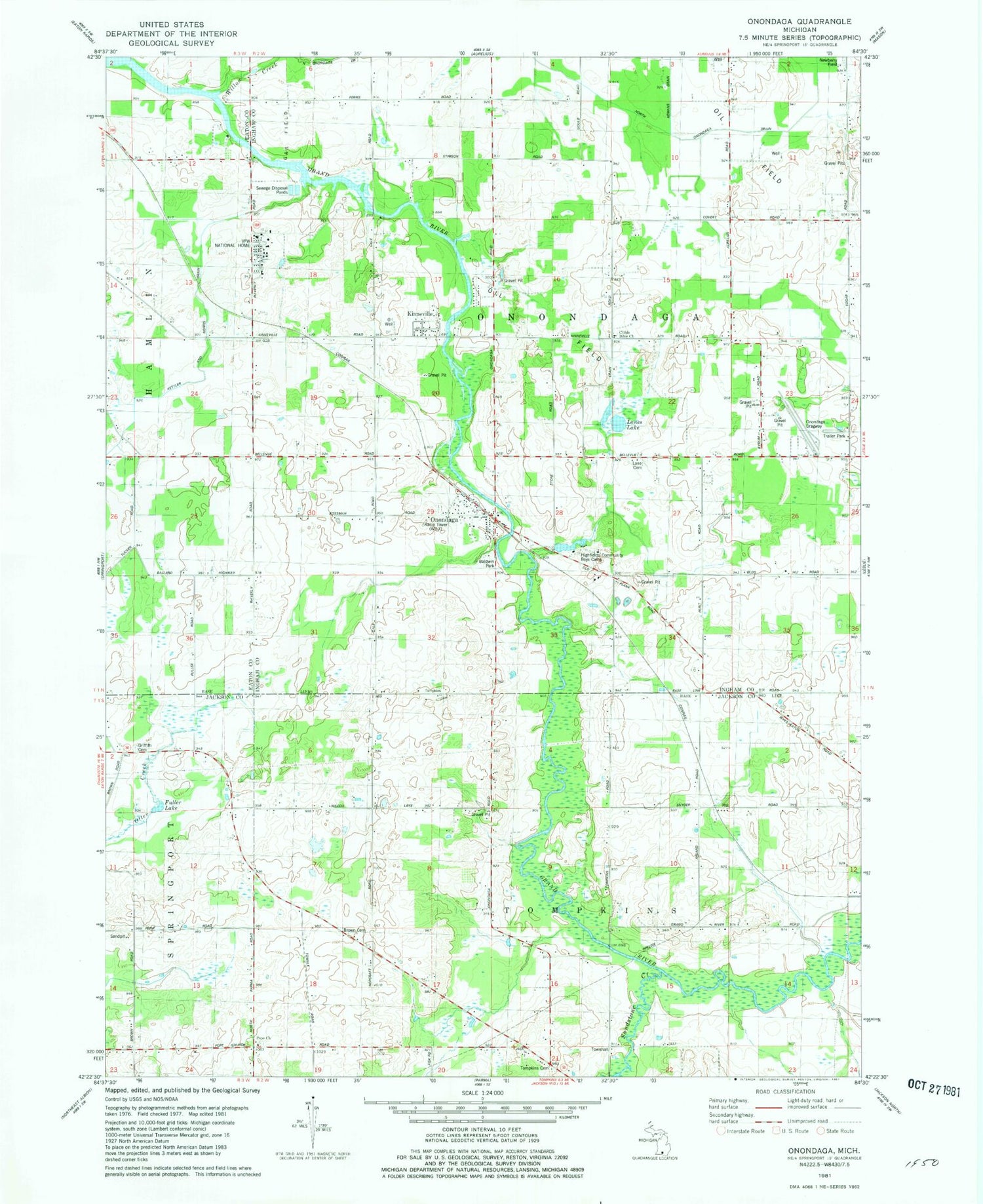 Classic USGS Onondaga Michigan 7.5'x7.5' Topo Map Image
