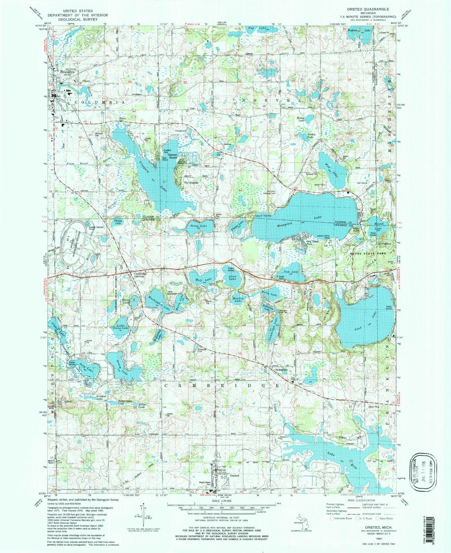 Classic USGS Onsted Michigan 7.5'x7.5' Topo Map Image
