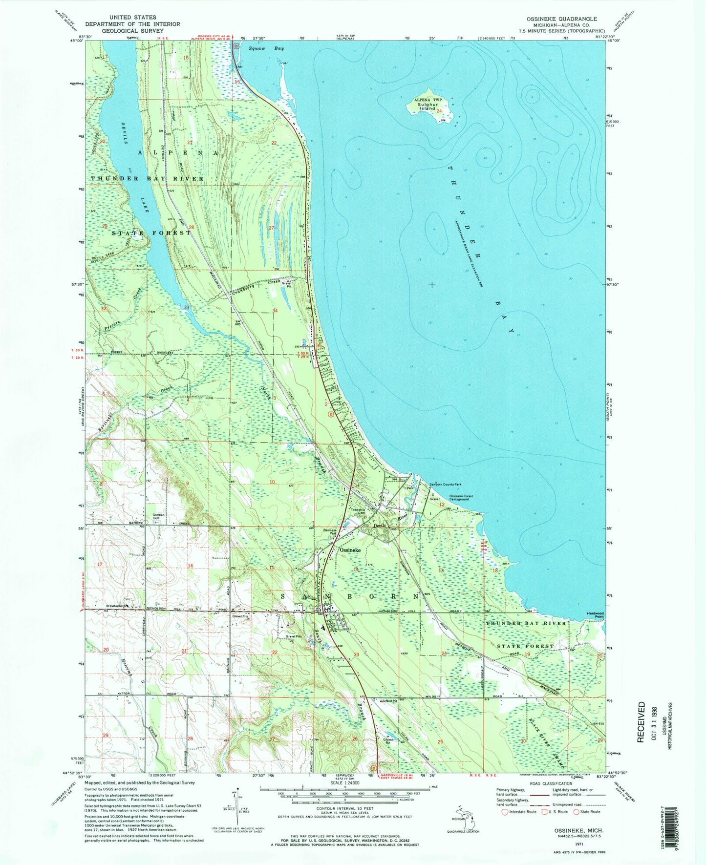 Classic USGS Ossineke Michigan 7.5'x7.5' Topo Map Image