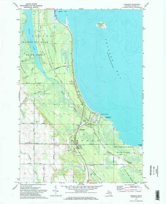 Classic USGS Ossineke Michigan 7.5'x7.5' Topo Map Image