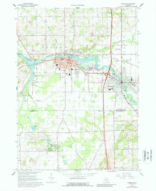 Classic USGS Otsego Michigan 7.5'x7.5' Topo Map Image