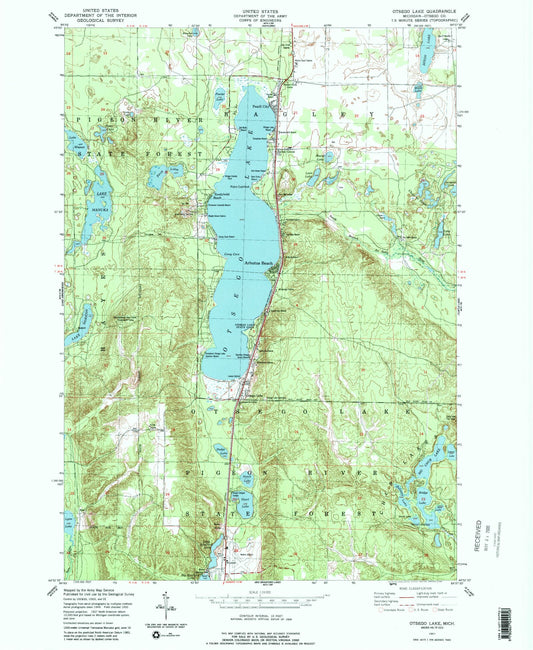 Classic USGS Otsego Lake Michigan 7.5'x7.5' Topo Map Image
