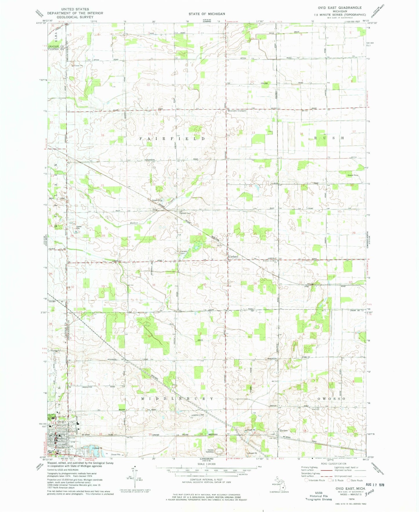 Classic USGS Ovid East Michigan 7.5'x7.5' Topo Map Image