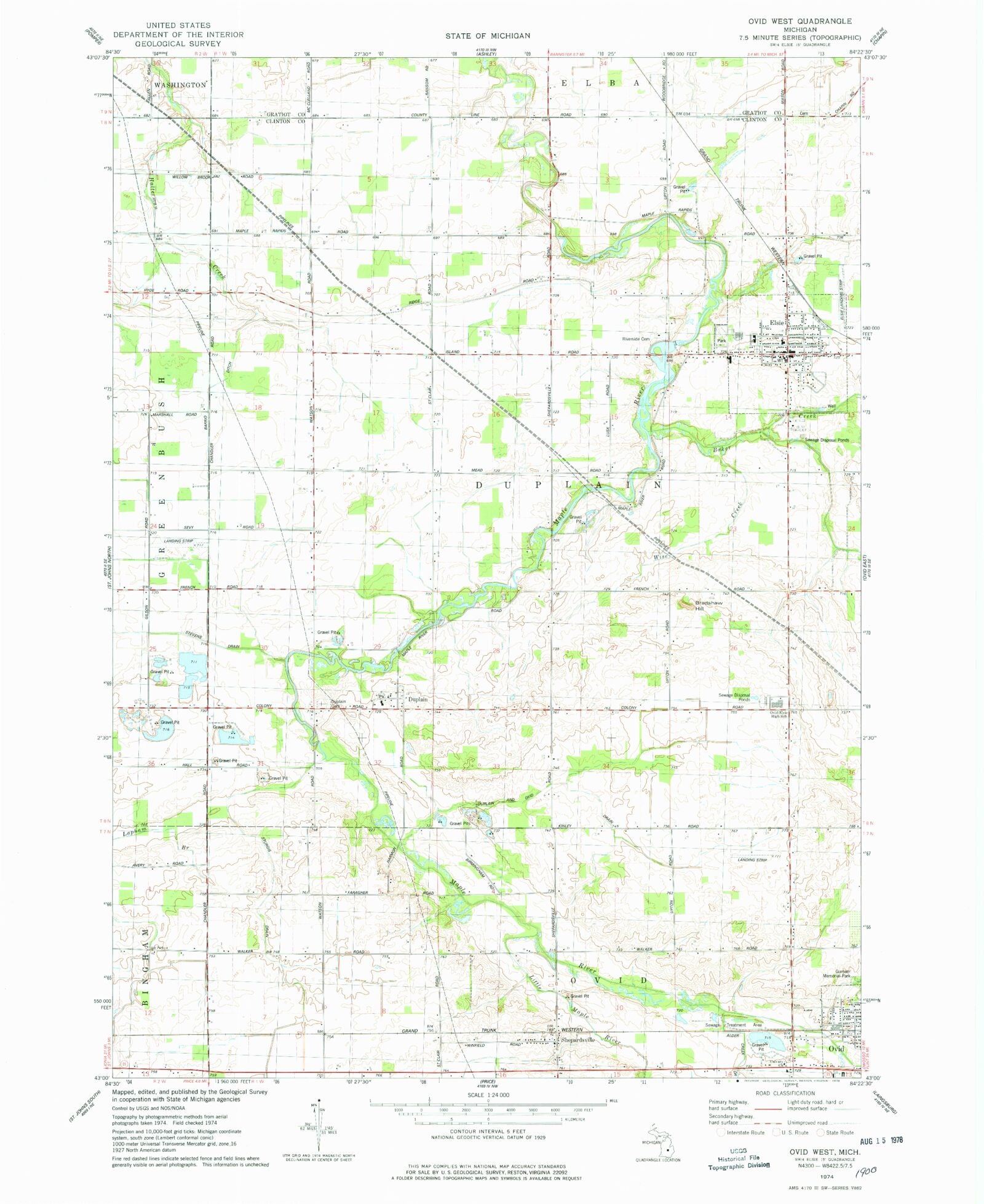 Classic USGS Ovid West Michigan 7.5'x7.5' Topo Map MyTopo Map Store