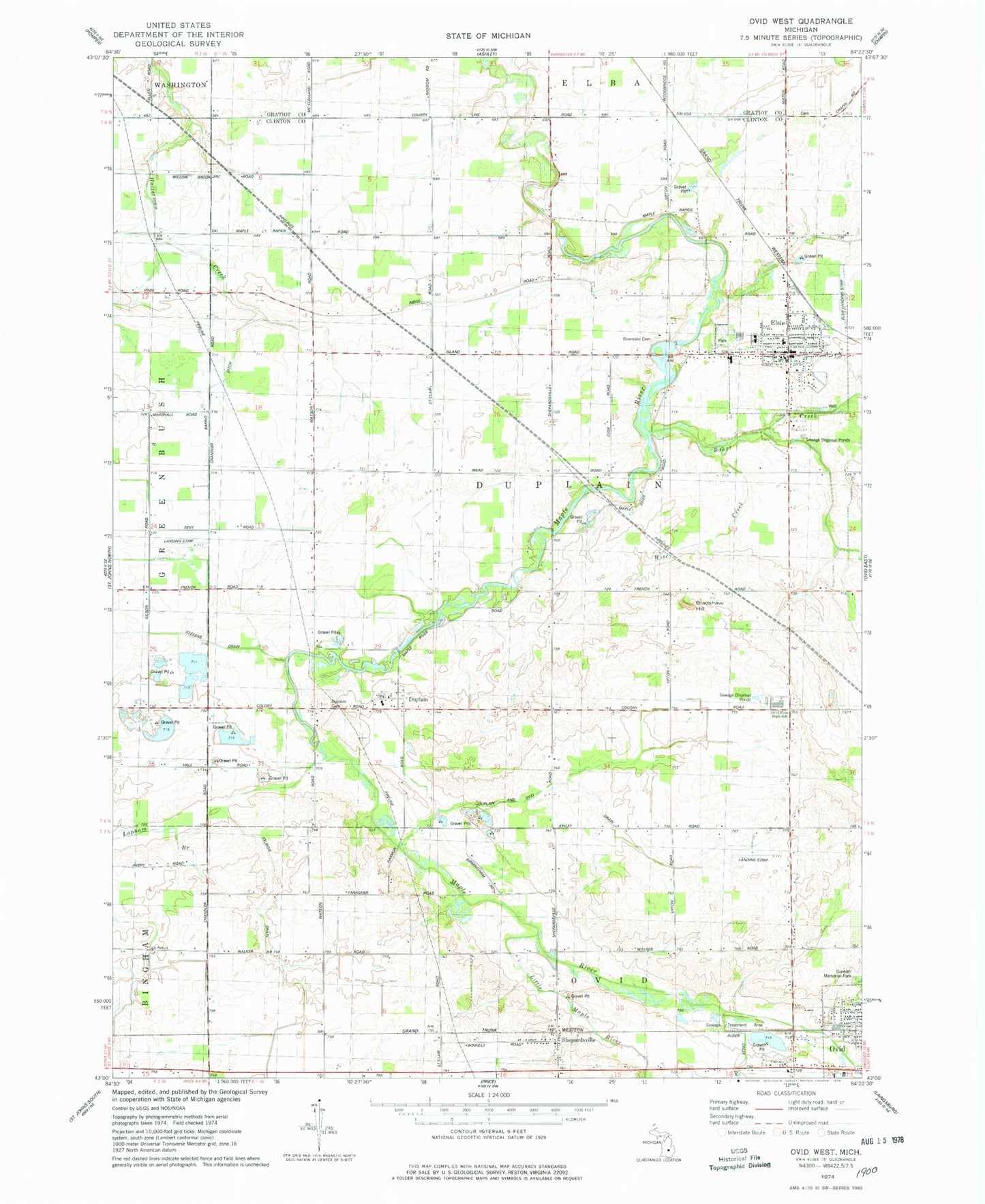 Classic USGS Ovid West Michigan 7.5'x7.5' Topo Map Image