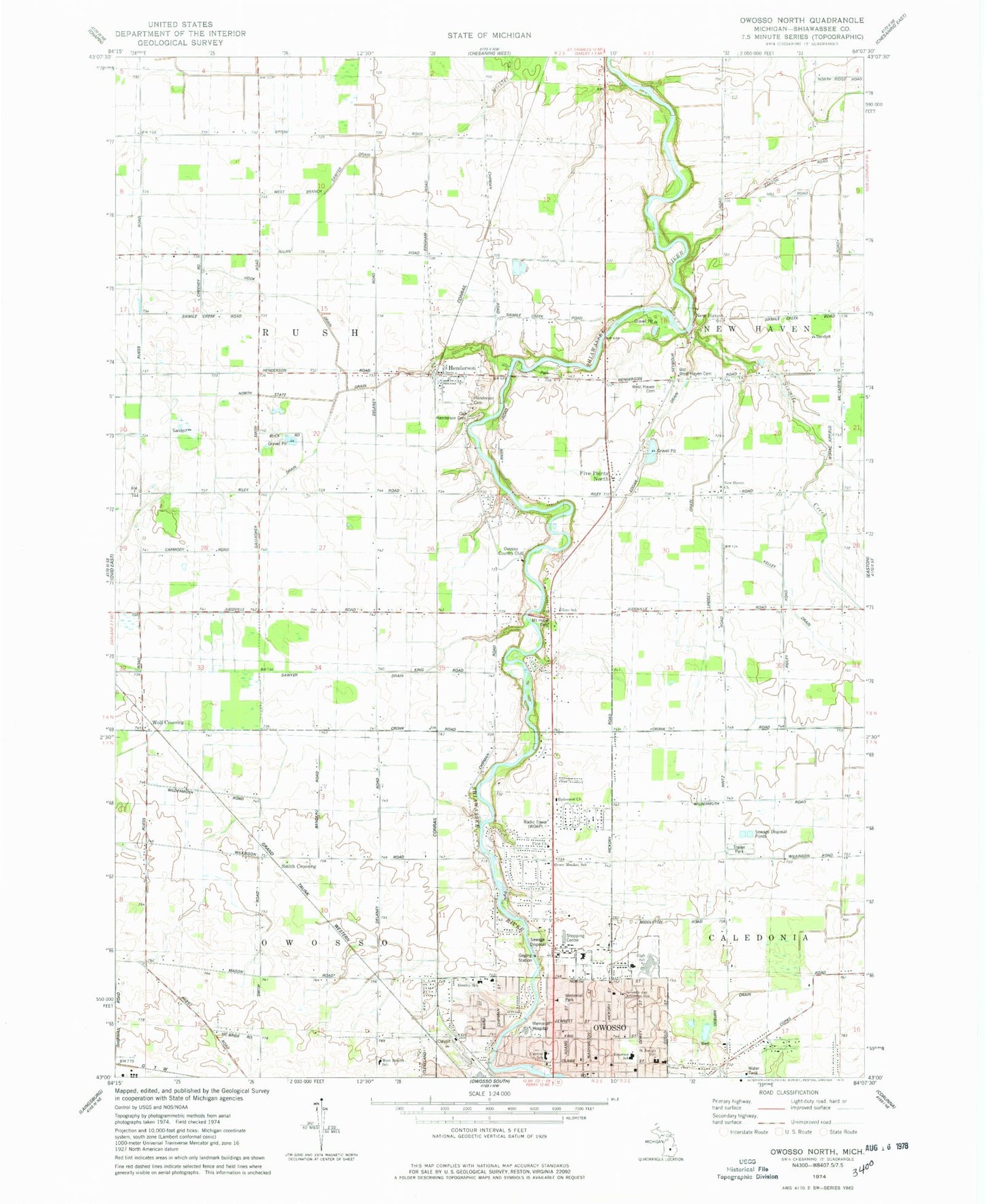 Classic USGS Owosso North Michigan 7.5'x7.5' Topo Map Image