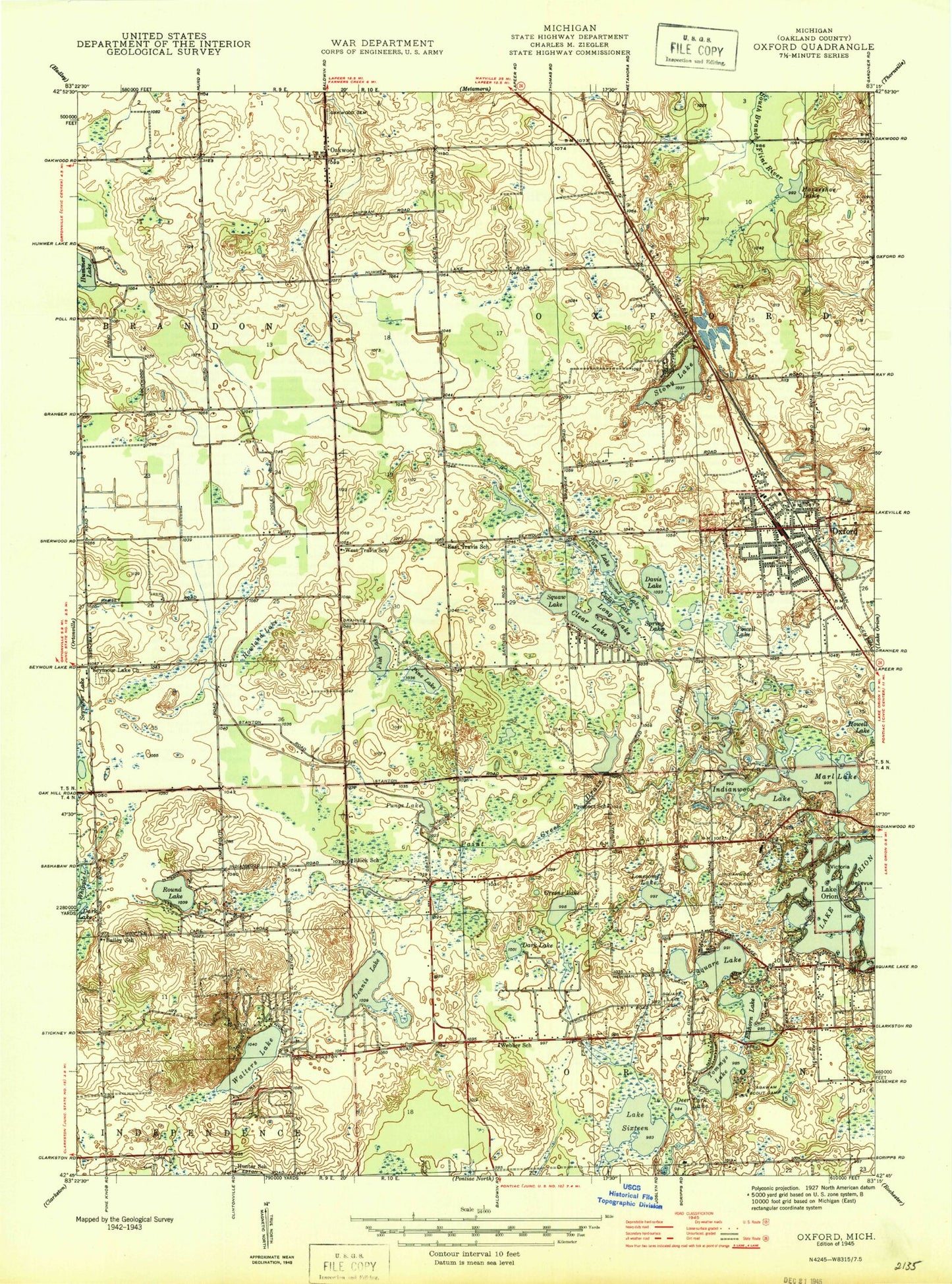 Classic USGS Oxford Michigan 7.5'x7.5' Topo Map Image