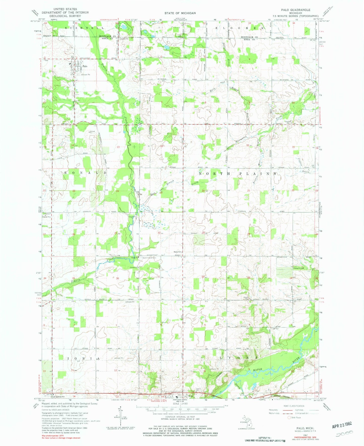 Classic USGS Palo Michigan 7.5'x7.5' Topo Map Image