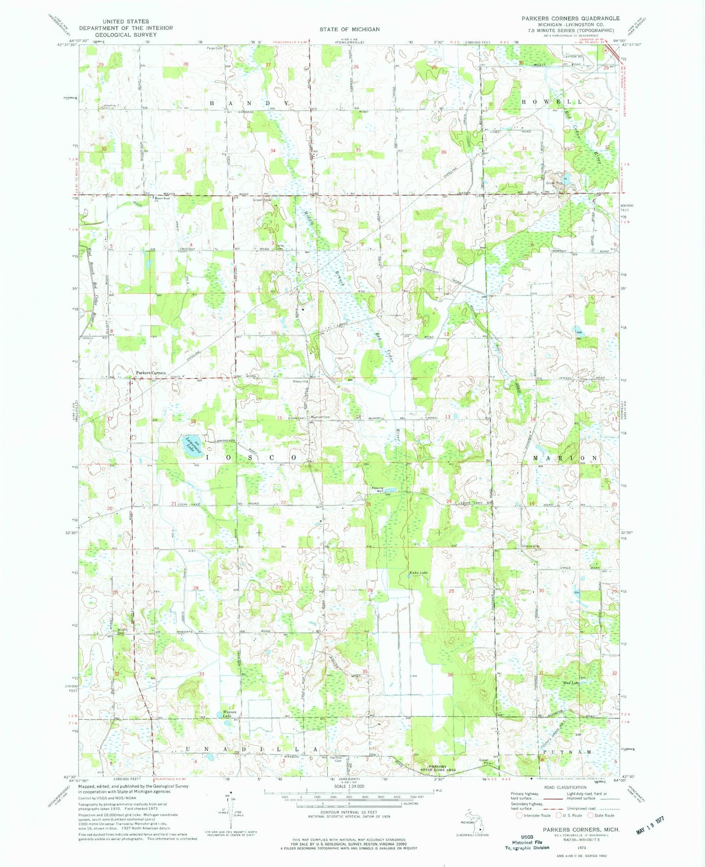 Classic USGS Parkers Corners Michigan 7.5'x7.5' Topo Map Image