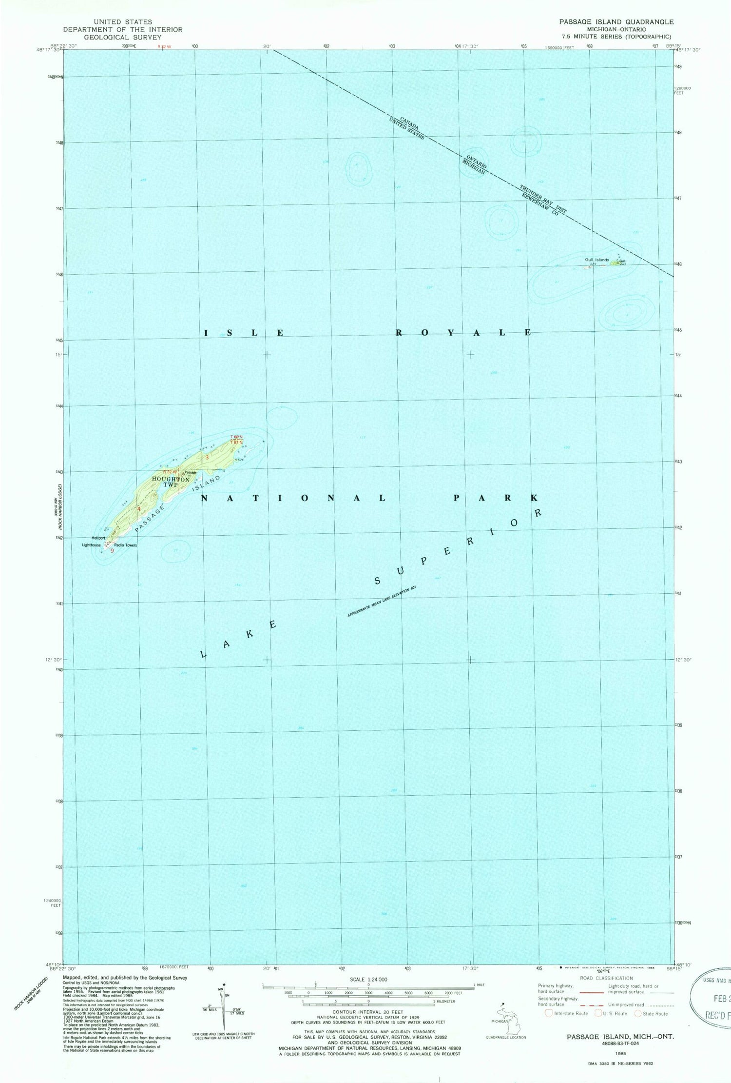 Classic USGS Passage Island Michigan 7.5'x7.5' Topo Map Image