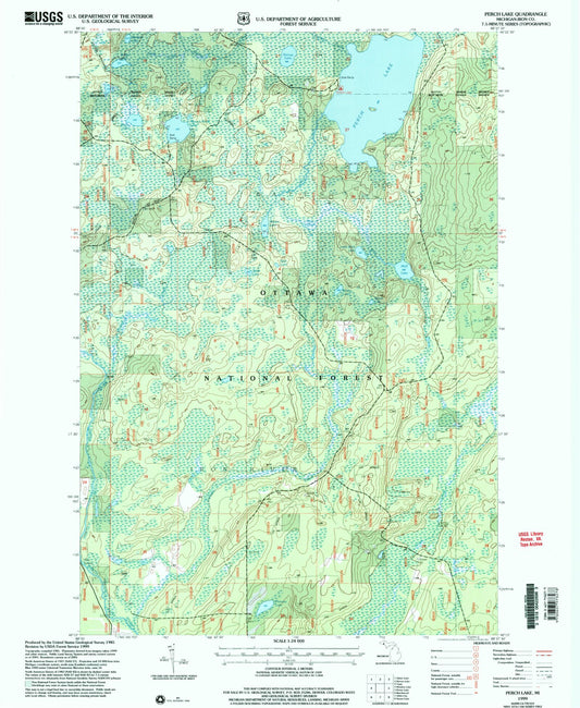 Classic USGS Perch Lake Michigan 7.5'x7.5' Topo Map Image
