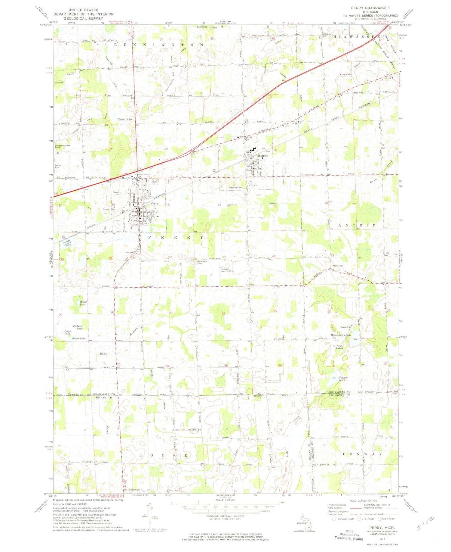 Classic USGS Perry Michigan 7.5'x7.5' Topo Map Image