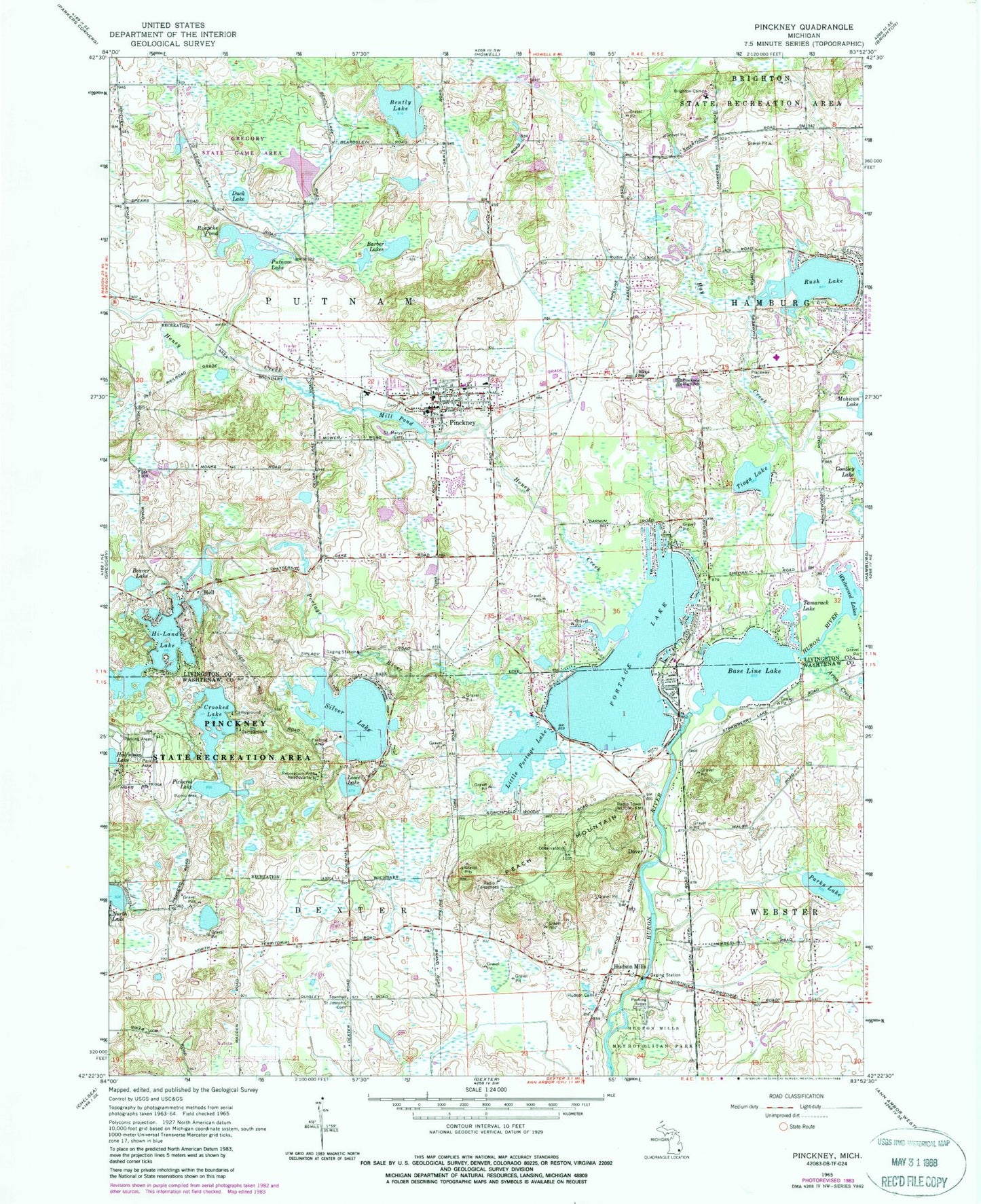 Classic USGS Pinckney Michigan 7.5'x7.5' Topo Map Image