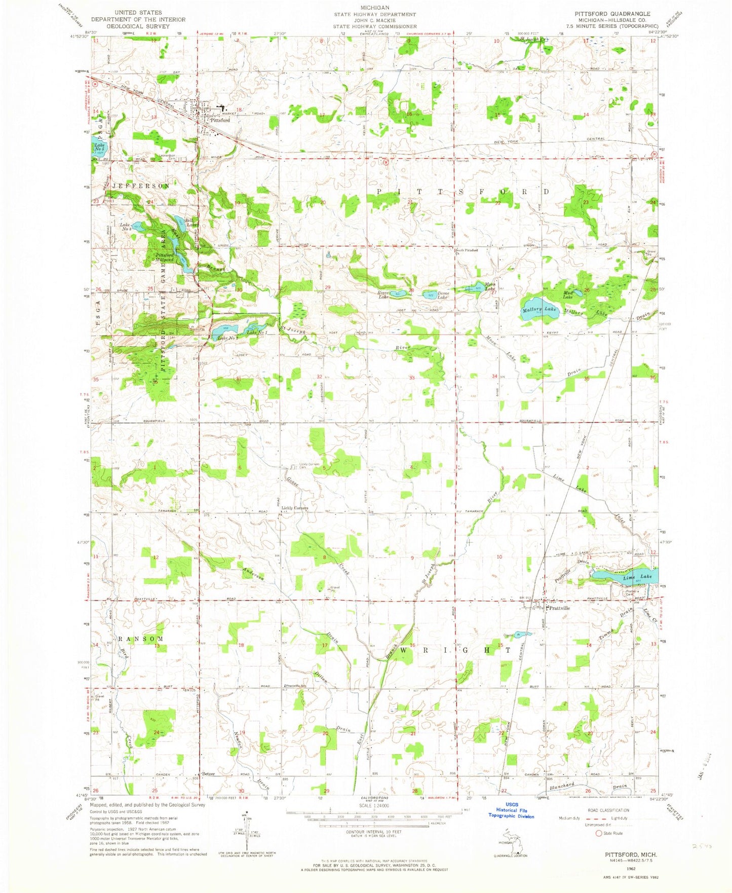 Classic USGS Pittsford Michigan 7.5'x7.5' Topo Map Image