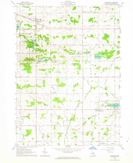 Classic USGS Pittsford Michigan 7.5'x7.5' Topo Map Image