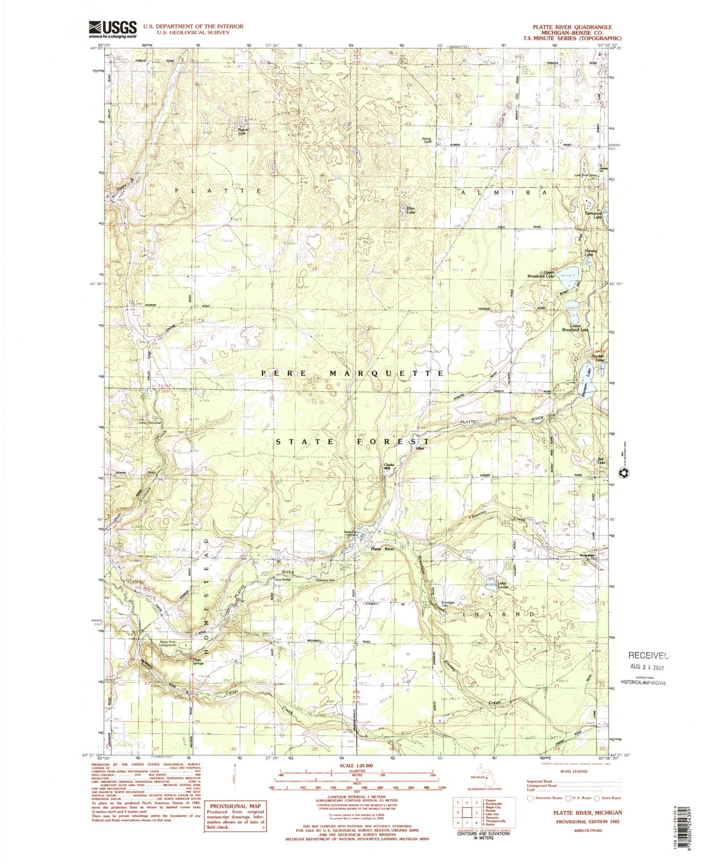 Classic USGS Platte River Michigan 7.5'x7.5' Topo Map Image