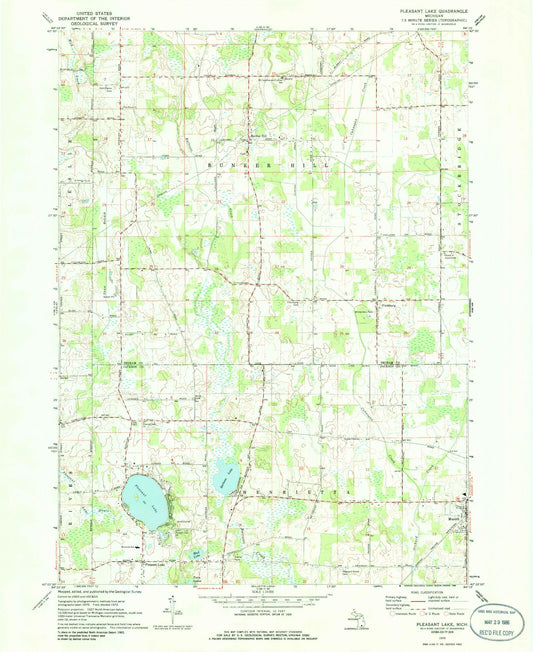 Classic USGS Pleasant Lake Michigan 7.5'x7.5' Topo Map Image