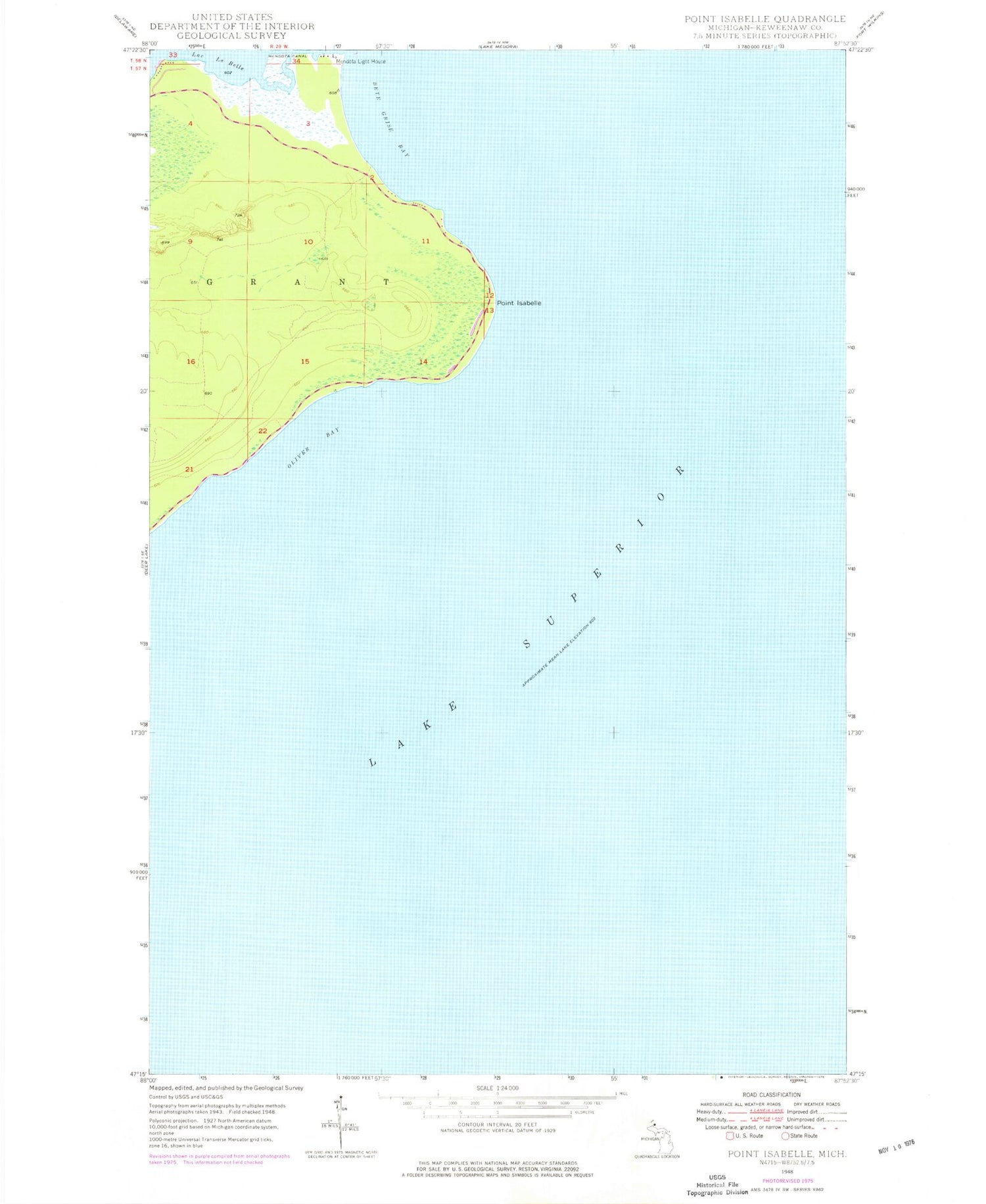 Classic USGS Point Isabelle Michigan 7.5'x7.5' Topo Map Image